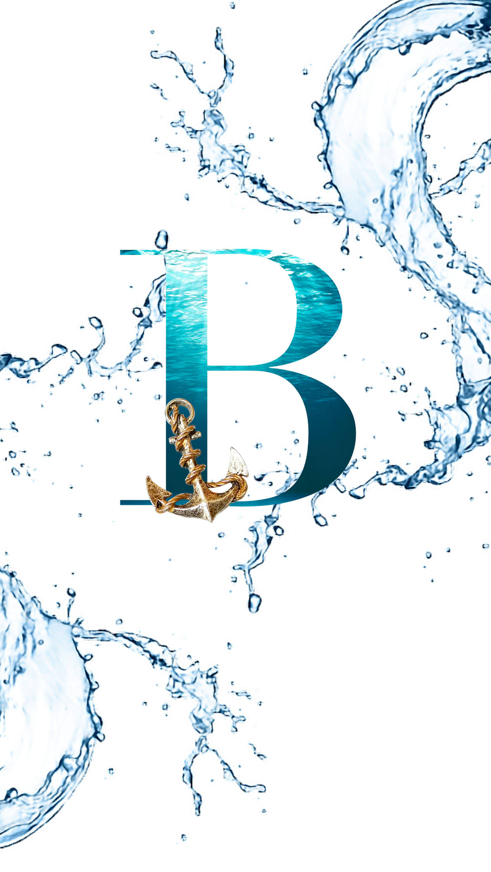 字母B 桌布 壁紙 — 一個風格化的字母 B，帶有金色錨點，沉浸在動態藍色水花中，背景為白色。