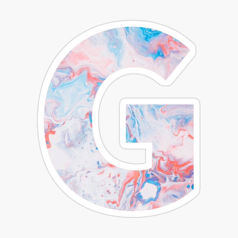 g 桌布 壁紙 — 一個風格化的字母 G，在純色背景上充滿了旋轉的粉紅色、藍色和白色大理石紋顏料。