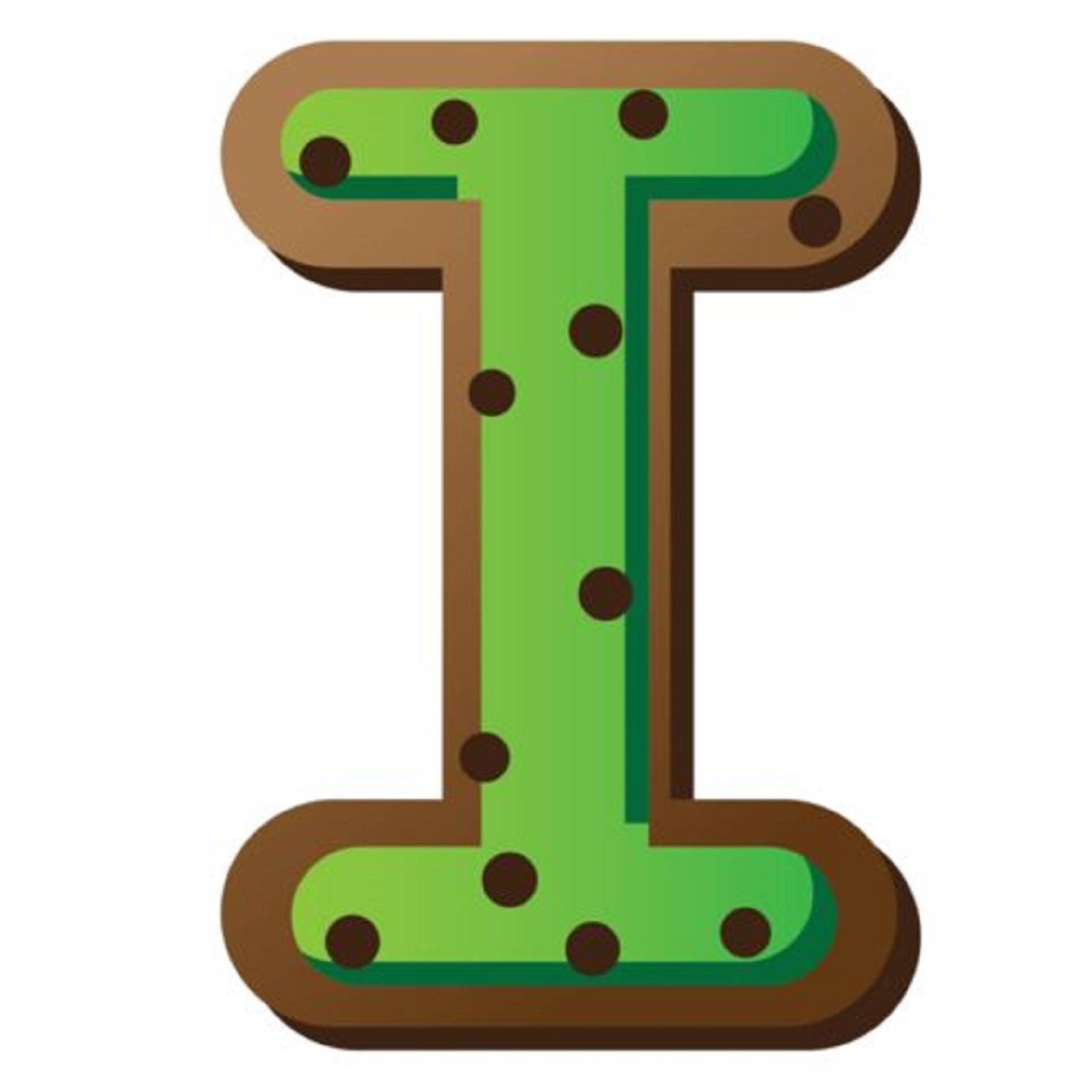 Letter I 桌布 壁紙 — 一個風格化的字母 I，形狀像一個帶有棕色巧克力片和邊緣的綠色餅乾。