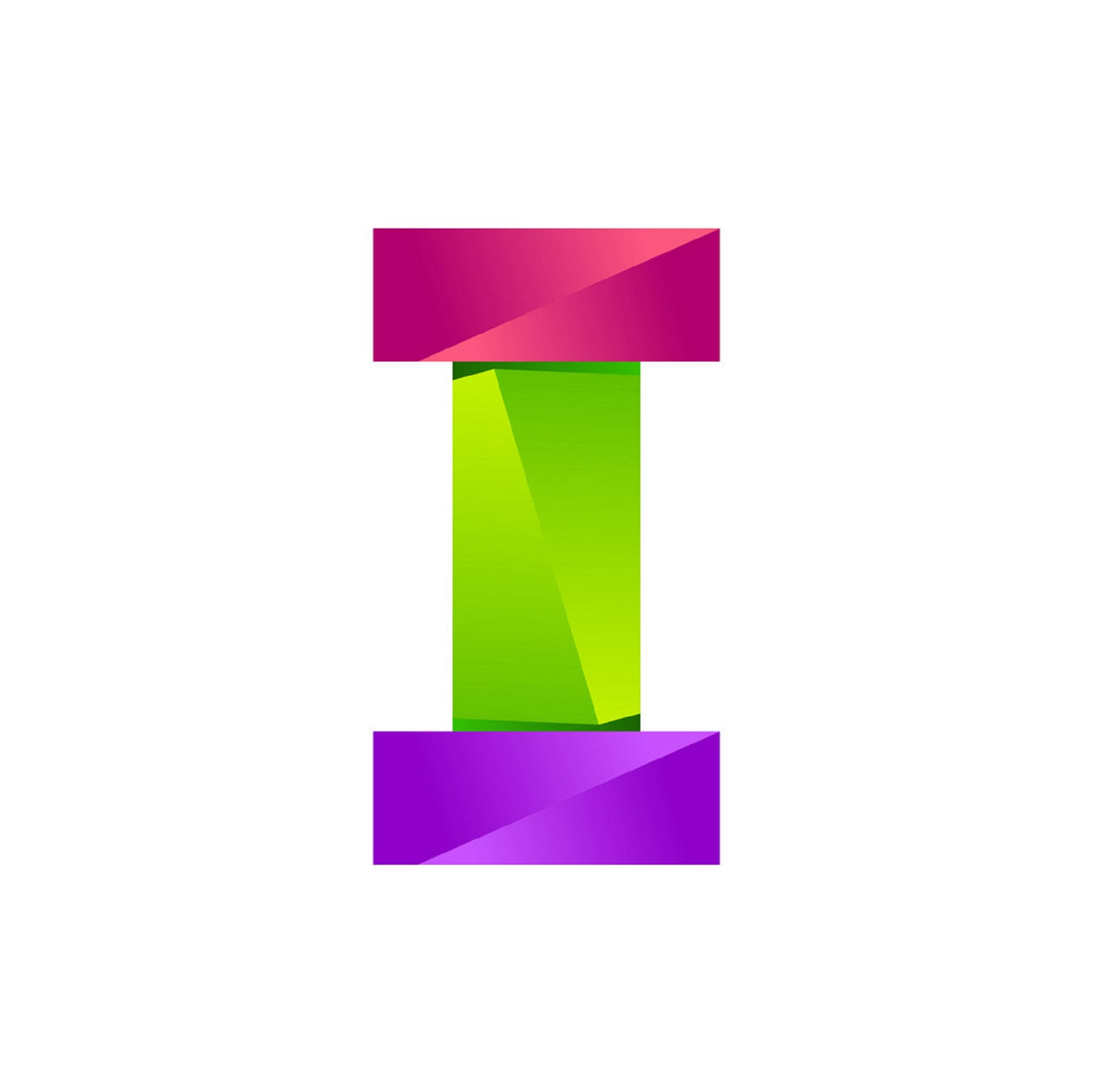 Letter I 桌布 壁紙 — 一個風格化的字母 I，頂部為洋紅色，底部為紫色，中心為綠色，背景為白色。