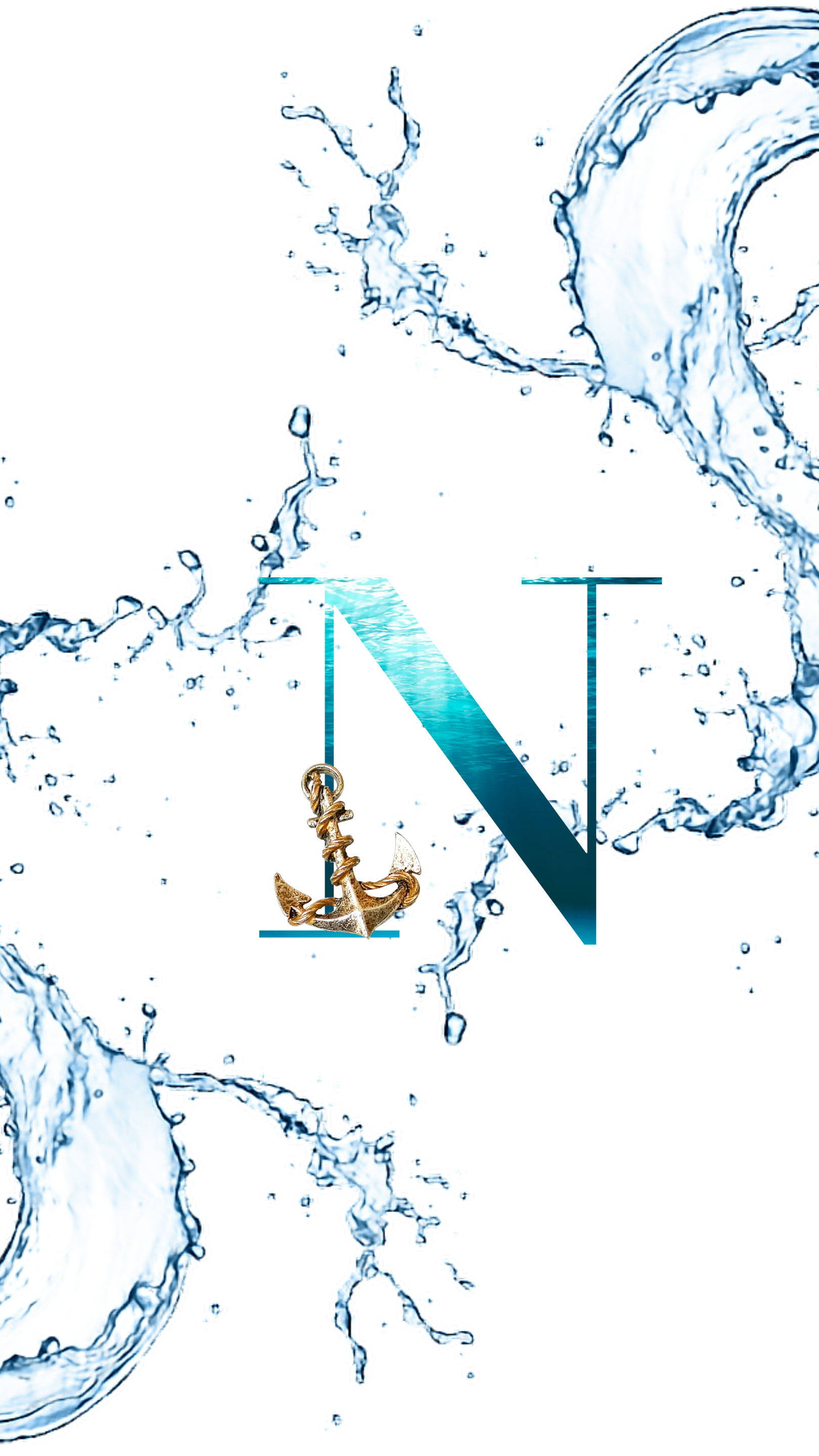 水 桌布 壁紙 — 一個風格化的字母 N，底部有一個金色錨，周圍是動態的藍色水花，背景為白色。