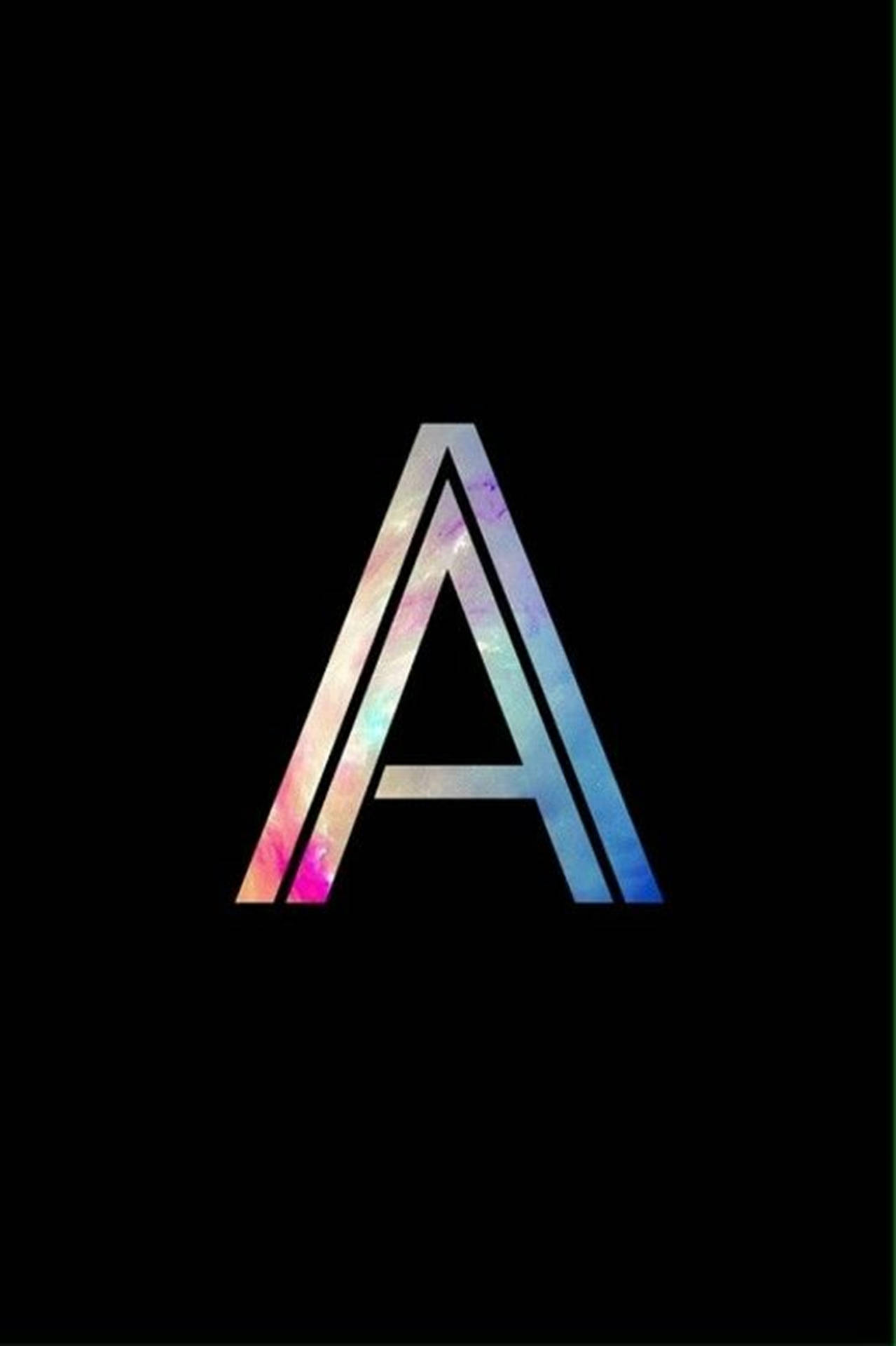 Letter A 桌布 壁紙 — 一個風格化的字母A，充滿了鮮豔的宇宙星雲色彩，背景為純黑色。