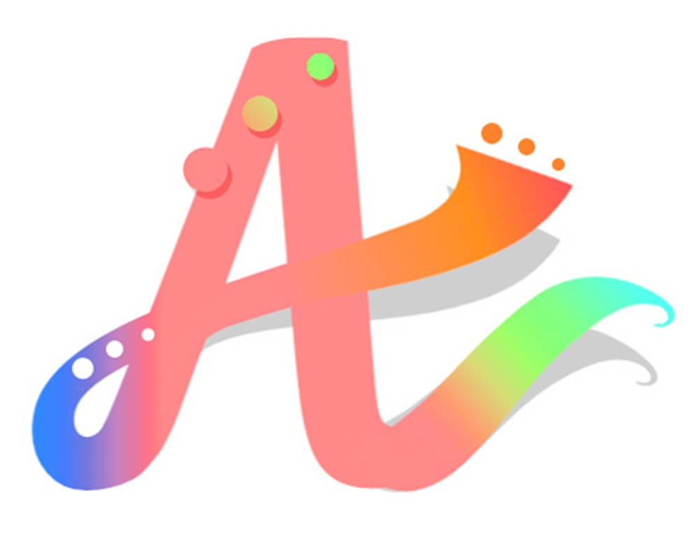 Letter A 桌布 壁紙 — 一個風格化的字母A，帶有彩虹漸變漩渦和彩色圓點，背景為白色。