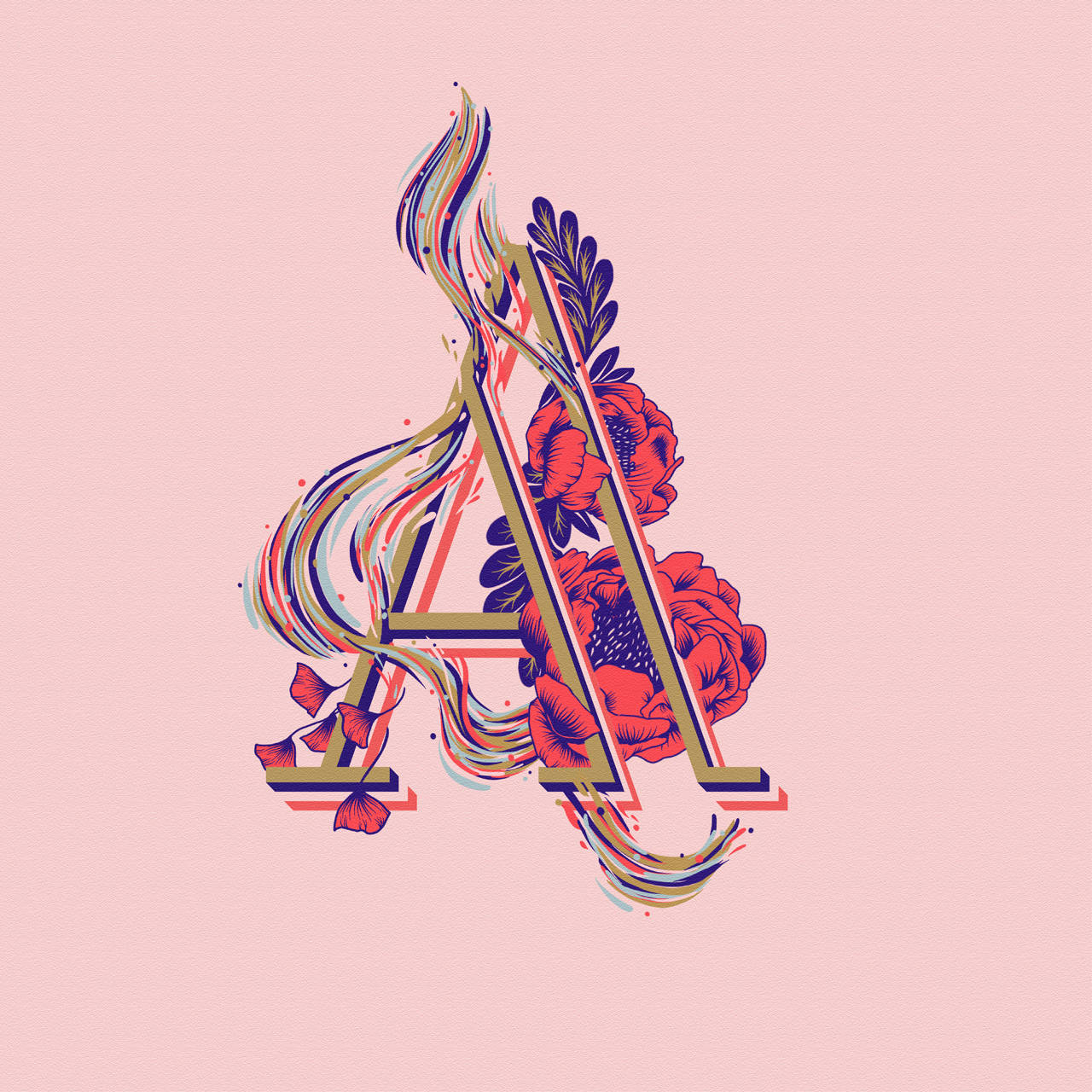Letter A 桌布 壁紙 — 一個風格化的字母A，飾以鮮豔的紅花和流動的彩色絲帶，背景為柔和的粉紅色。