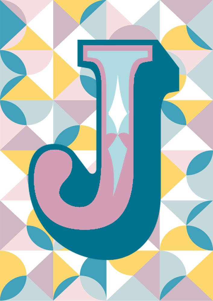 J 桌布 壁紙 — 一個風格化的字母J，以青綠色和粉紅色呈現，在由粉彩三角形和圓形組成的幾何圖案中脫穎而出。