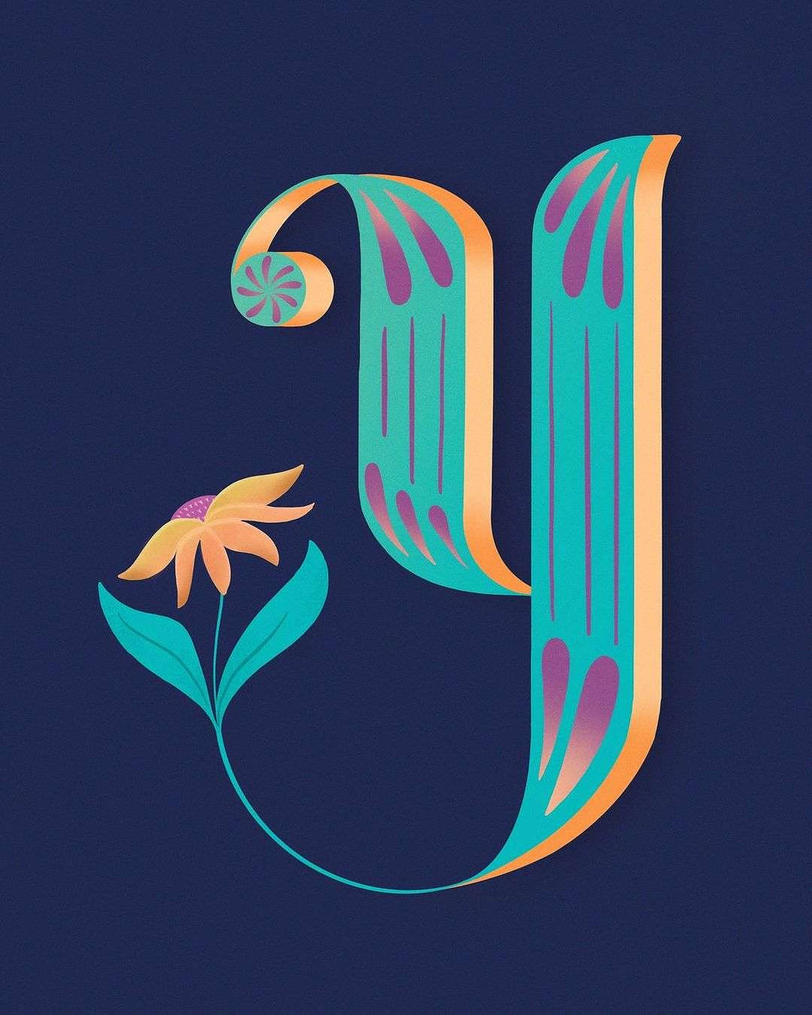 Y 桌布 壁紙 — 一個風格化的字母J，飾有青綠色、橙色和紫色的花卉圖案，背景為深藍色。