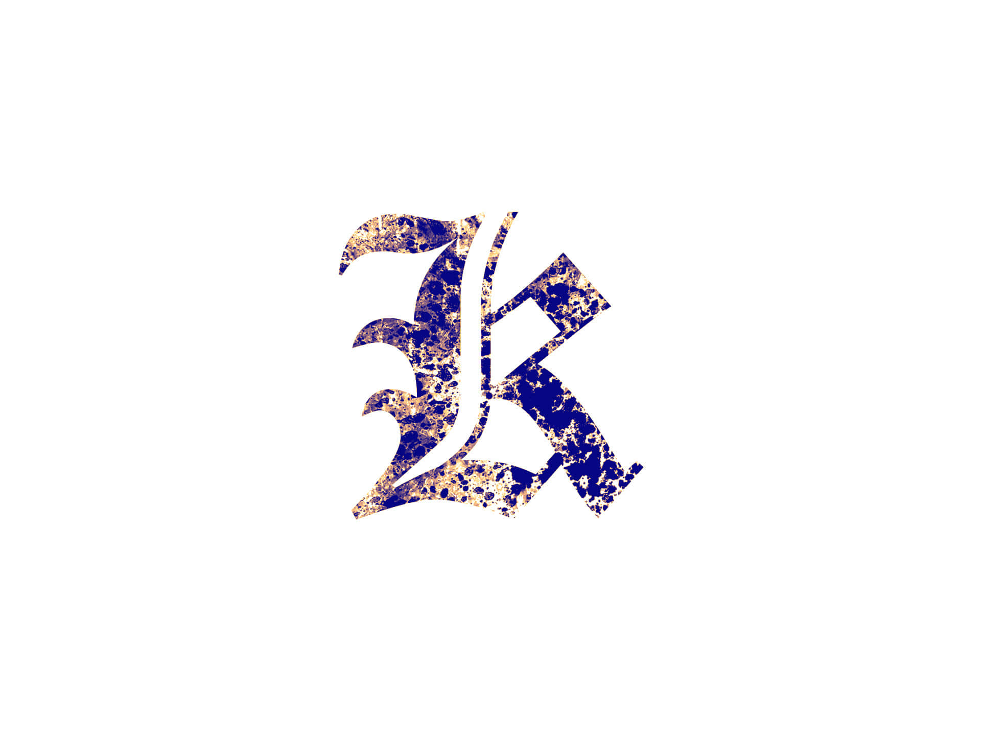 死亡筆記本 桌布 壁紙 — 一個風格化的字母K，深藍色帶金色斑點紋理，在純白色背景上。