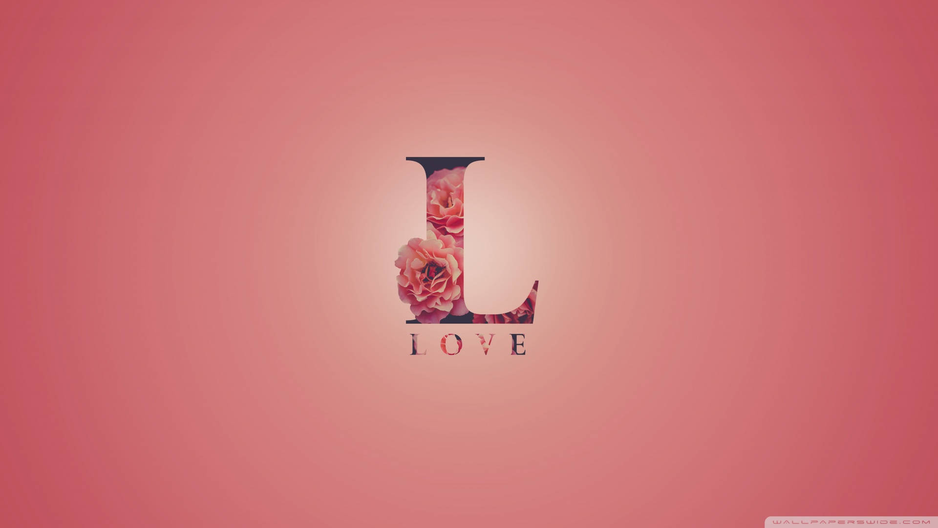 L 桌布 壁紙 — 一個風格化的字母L，裡面填滿粉紅玫瑰，下方有love字樣，背景為柔和的粉紅漸變色。