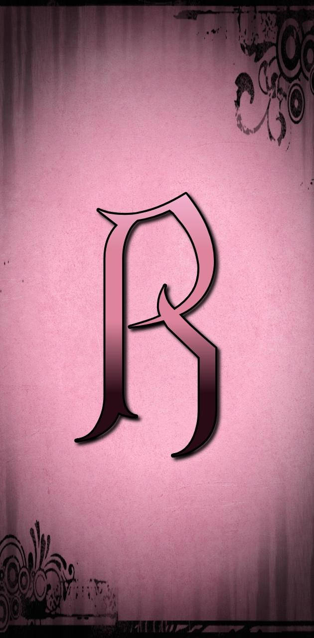 R 桌布 壁紙 — 一個風格化的字母R，採用粉紅和黑色漸變，居中放置在帶有紋理的粉紅背景上，並配有華麗的黑色角落裝飾。