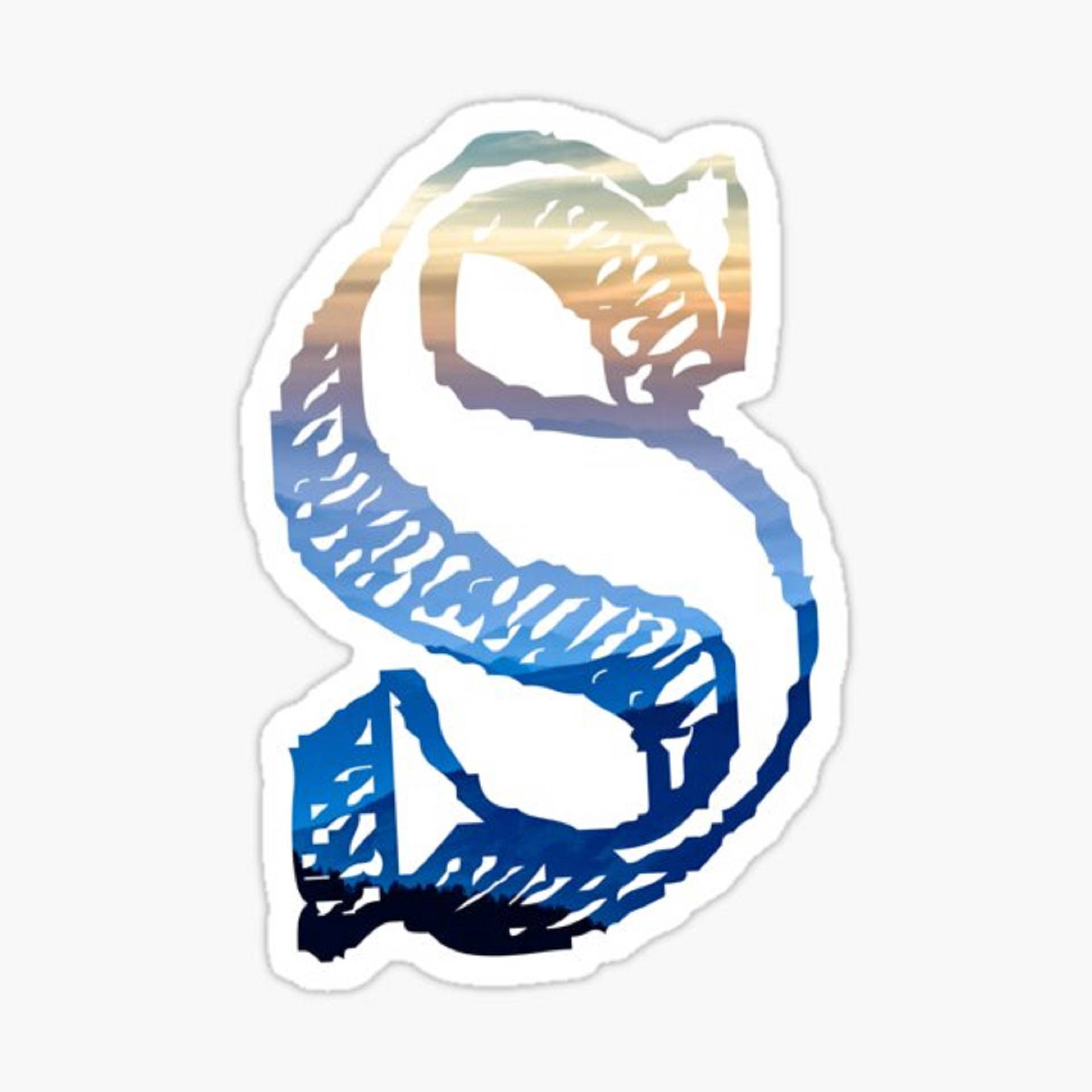 S 桌布 壁紙 — 一個風格化的字母S，充滿漸變的日落天空和海洋波浪。