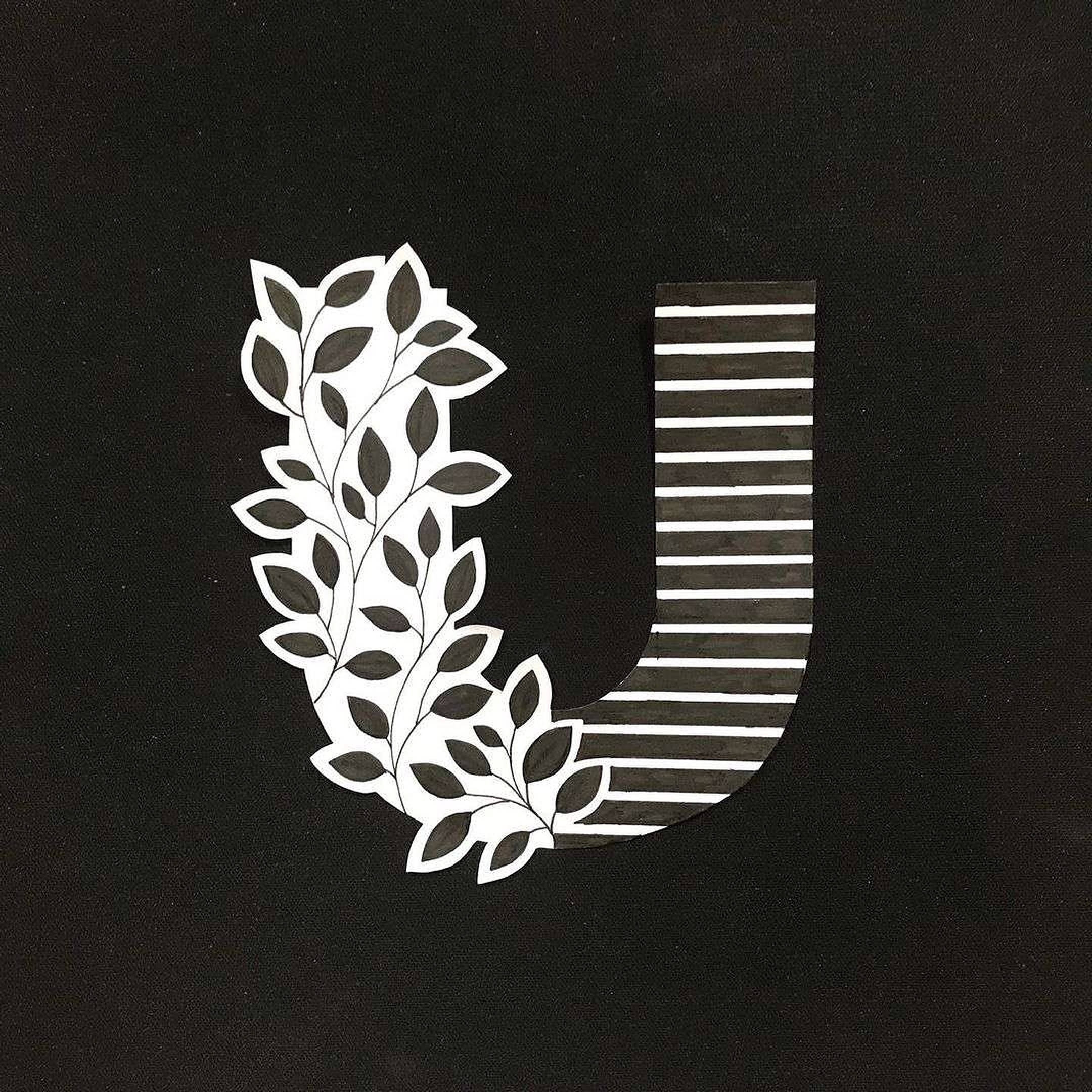 U 桌布 壁紙 — 一個風格化的字母U，一側有葉狀藤蔓，另一側有條紋圖案，置於黑色紋理背景上。