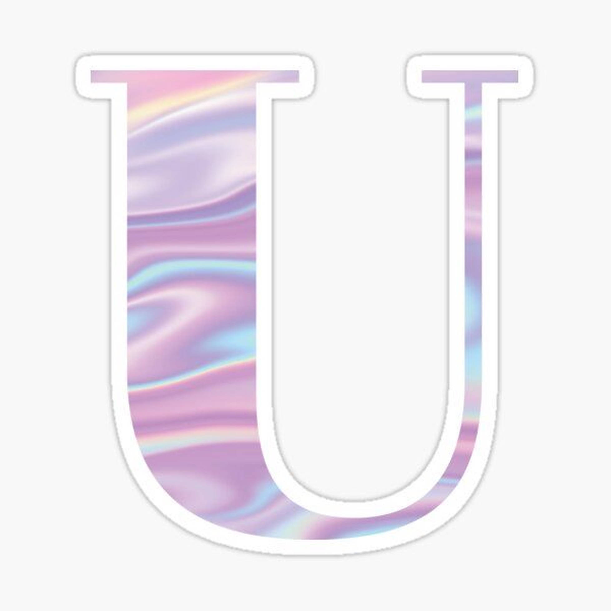 U 桌布 壁紙 — 一個風格化的字母U，白色輪廓內有粉紅、藍色和紫色的全息彩虹漸變波浪。