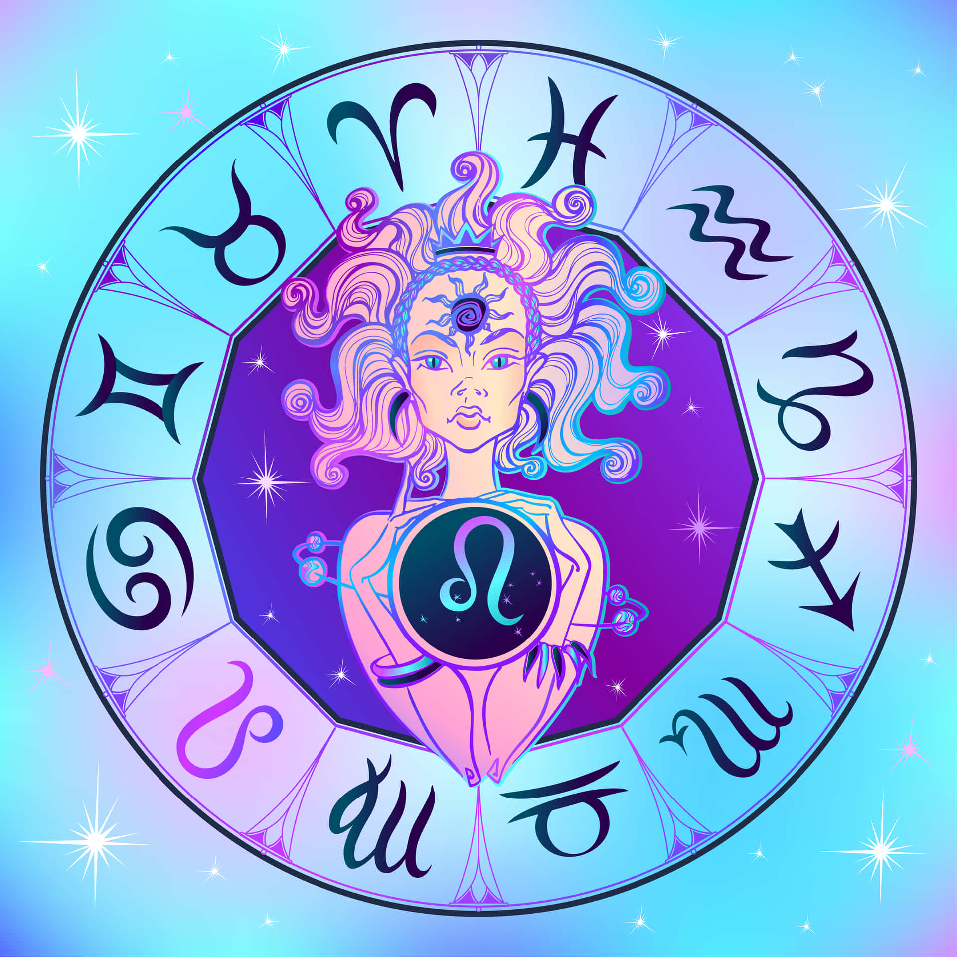 星座 桌布 壁紙 — 一個風格化的宇宙人物，擁有飄逸的頭髮，在星光漸變的天空背景下，在發光的黃道輪中手持獅子座星座符號。