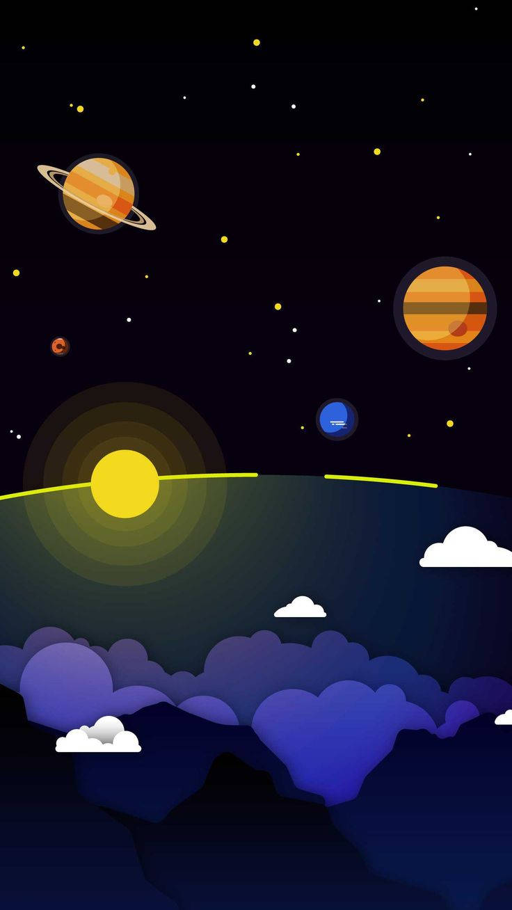Solar System HD 桌布 壁紙 — 一個風格化的宇宙場景，在發光的太陽下，紫色雲層地平線上方有色彩繽紛的行星和星星。