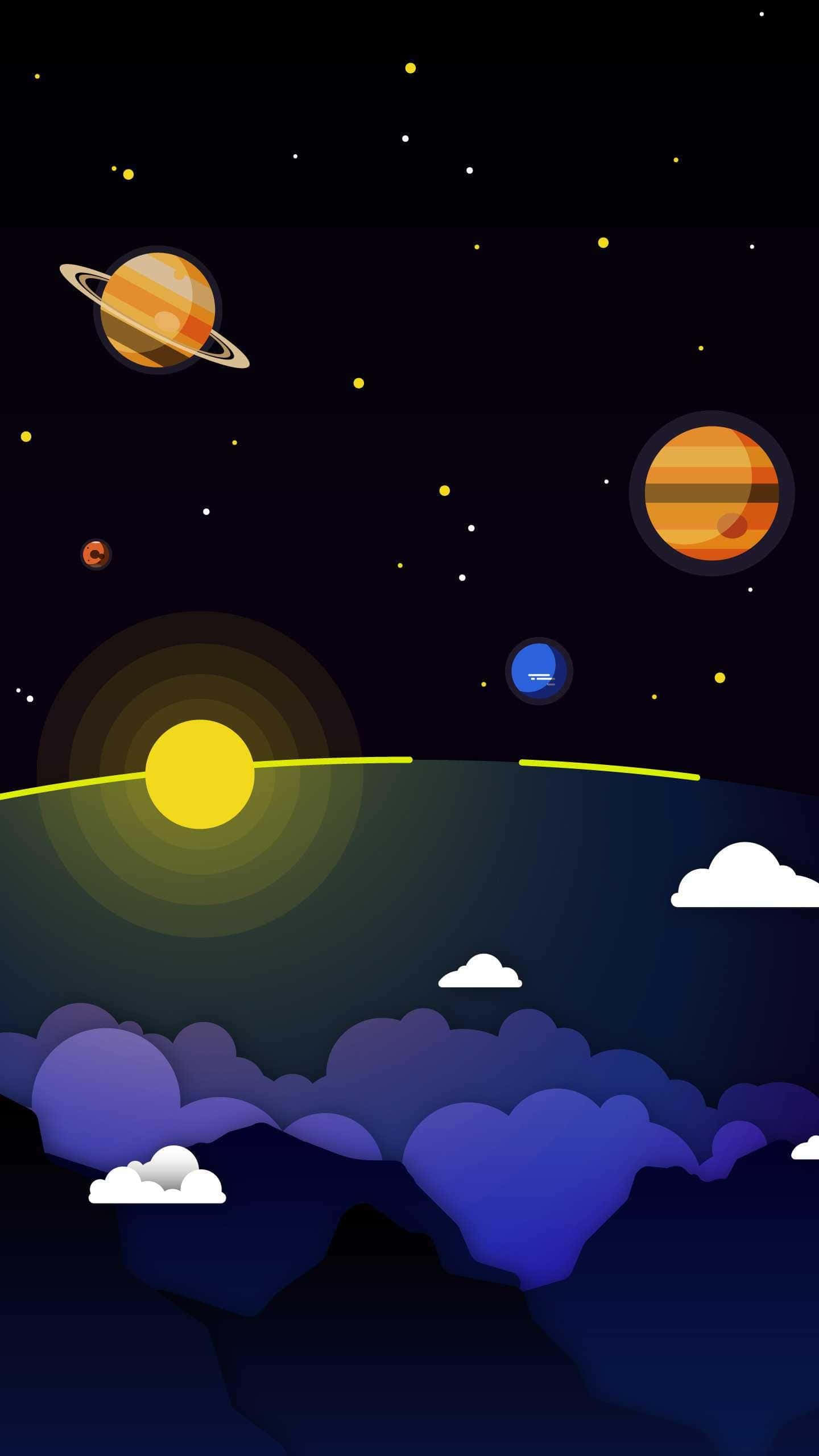 太陽系 桌布 壁紙 — 一個風格化的宇宙場景，在發光的太陽下，紫色雲層地平線上方有行星和星星。