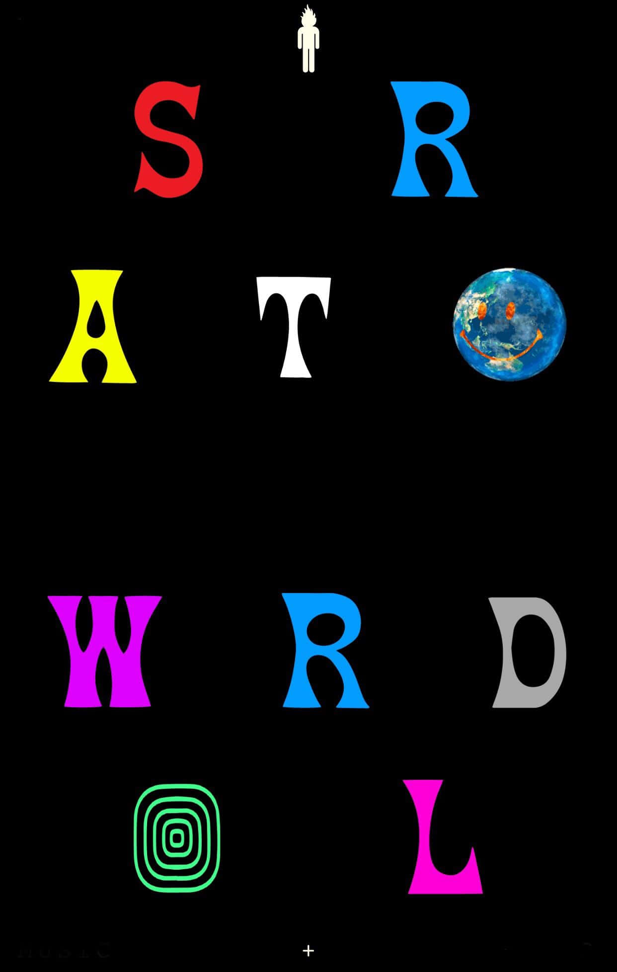 Astroworld 桌布 壁紙 — 一個風格化的宇宙場景，彩色字母在黑色太空中拼出「STRATOWORLD」，有一個微笑的地球和上方一個微小的人形。