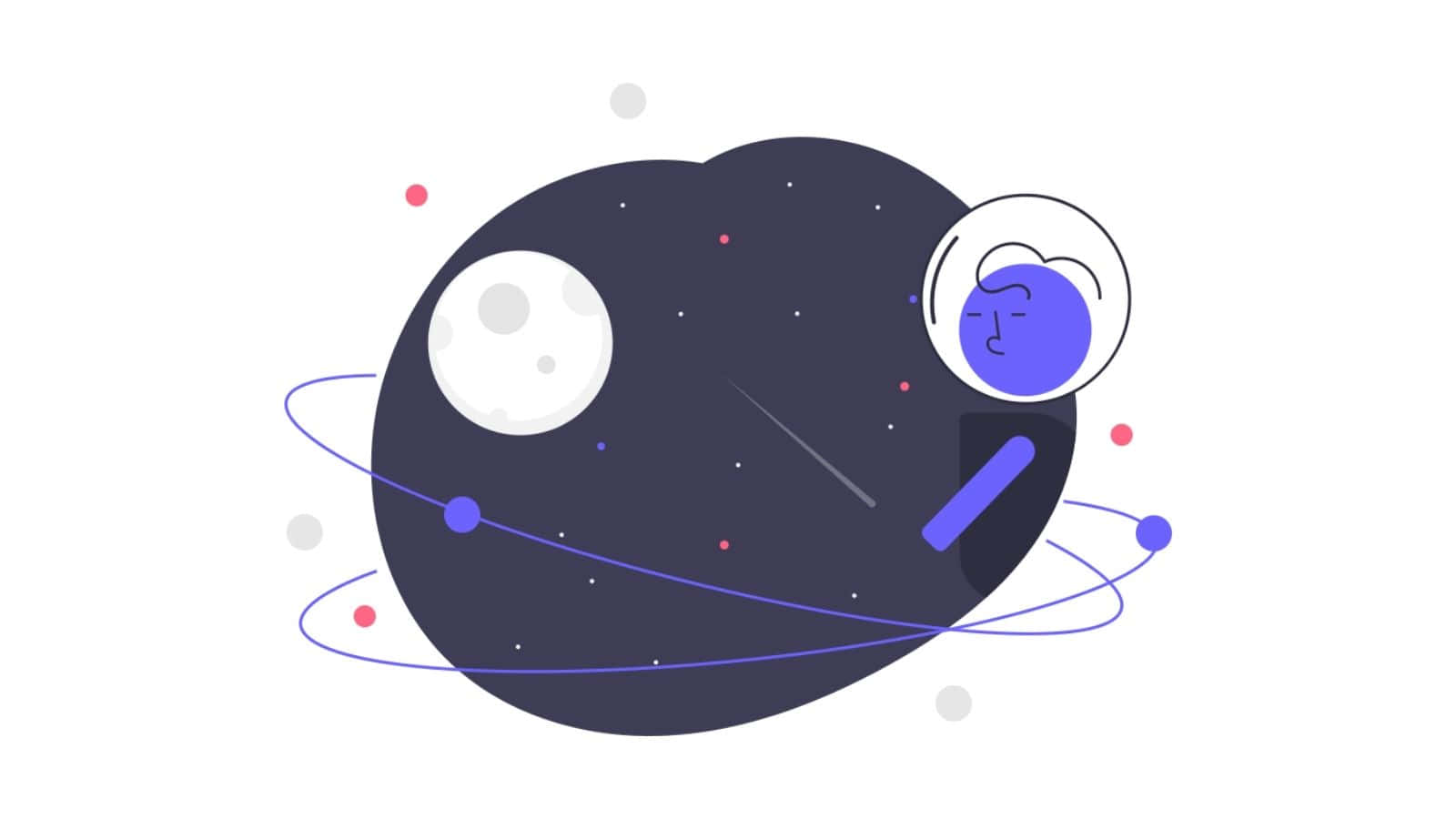 太空美學動圖 桌布 壁紙 — 一個風格化的宇宙場景，有一個帶有月亮的黑暗行星和一個戴著泡泡頭盔微笑的太空人，與色彩繽紛的行星一起運行。