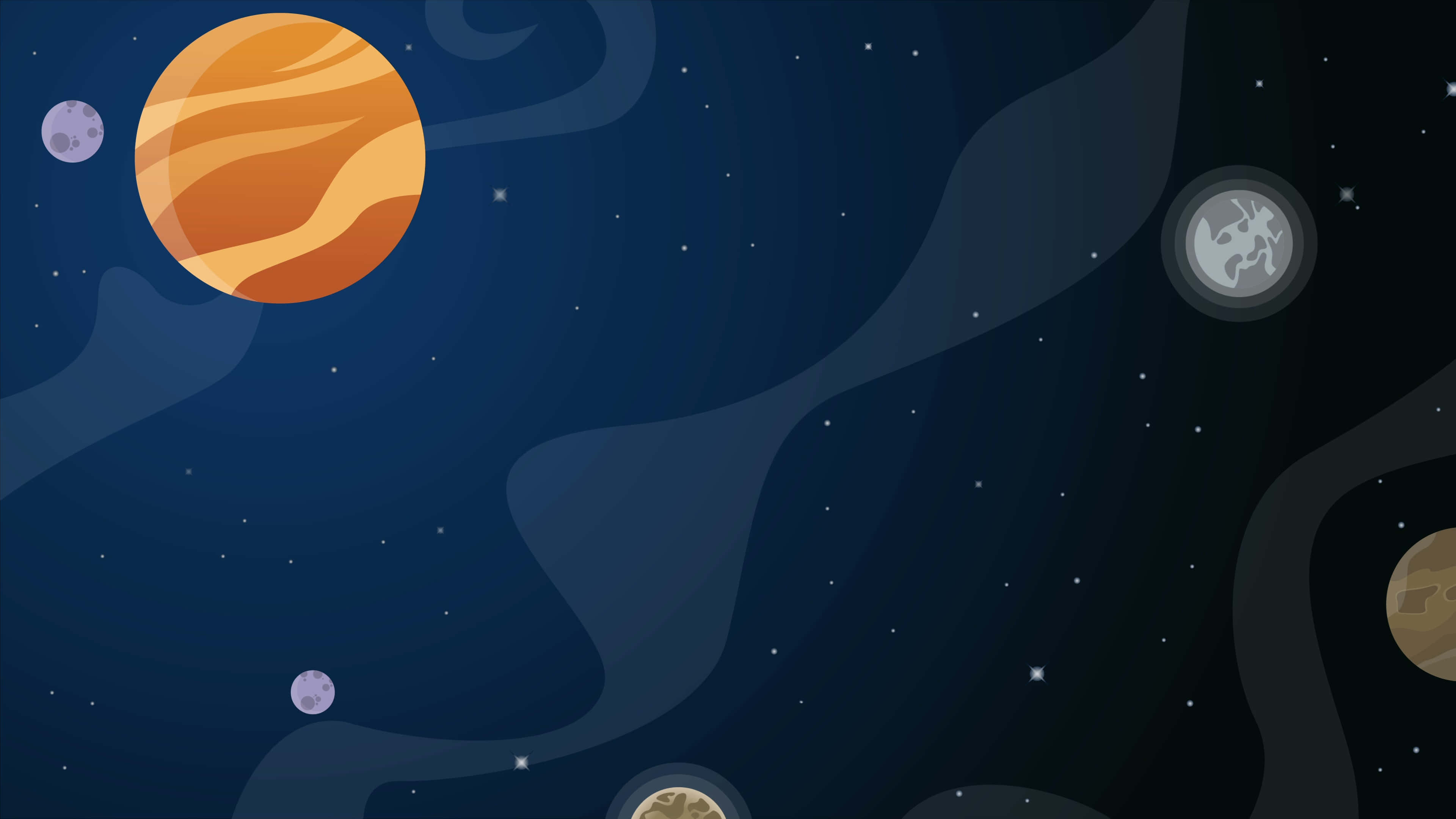 Animated Space 桌布 壁紙 — 一個風格化的宇宙場景，有一顆大型橙色行星和較小的衛星在繁星點點的深藍色太空中飄浮。