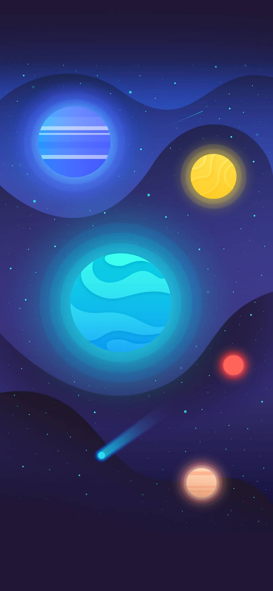 深藍色宇宙場景中發光的行星和星星。 — 頂級 iPhone 桌布 壁紙
