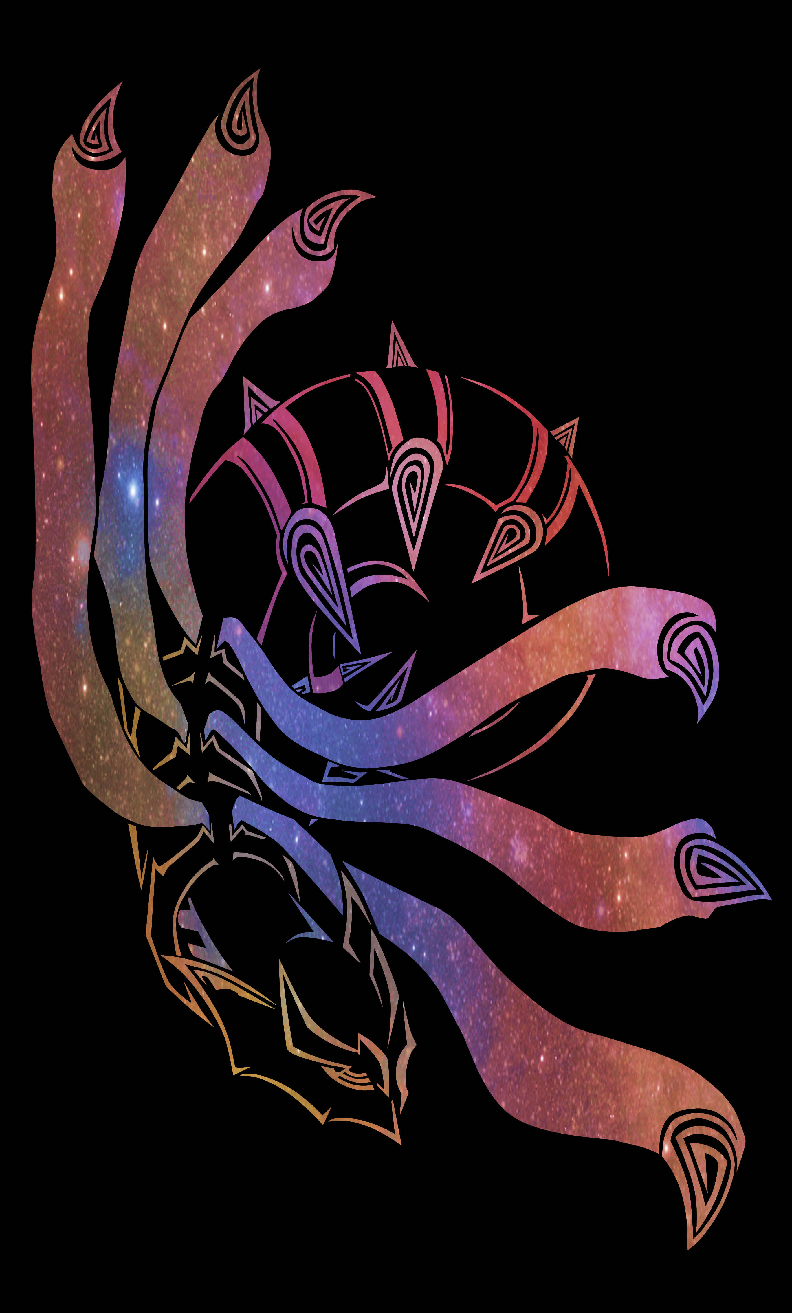Giratina 桌布 壁紙 — 一個風格化的宇宙實體，擁有流動的觸手和尖刺頭部，背景是星光熠熠的星雲。