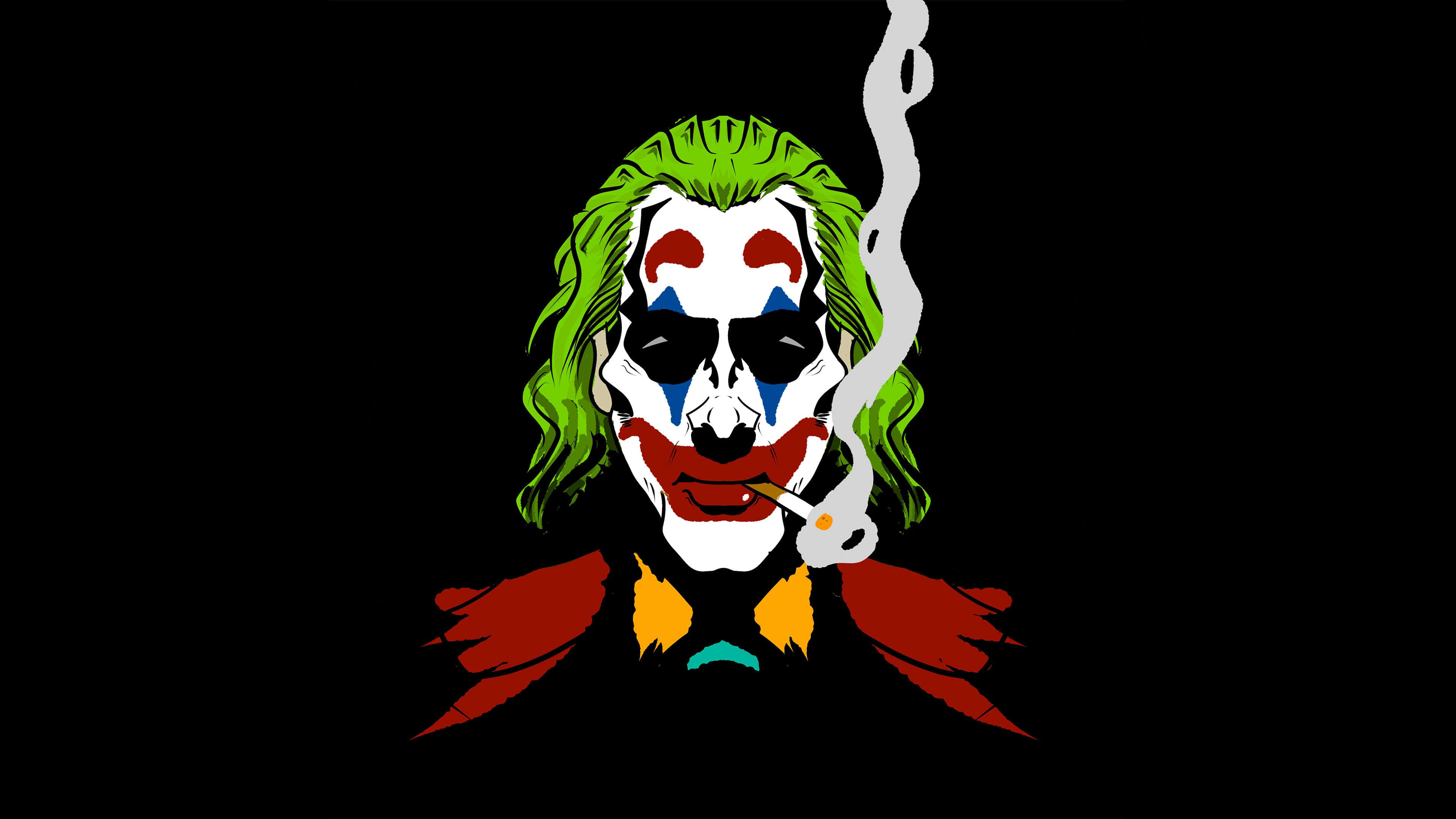 小丑 桌布 壁紙 — 一個風格化的小丑，綠色頭髮和紅色嘴唇，在黑色背景前抽煙。
