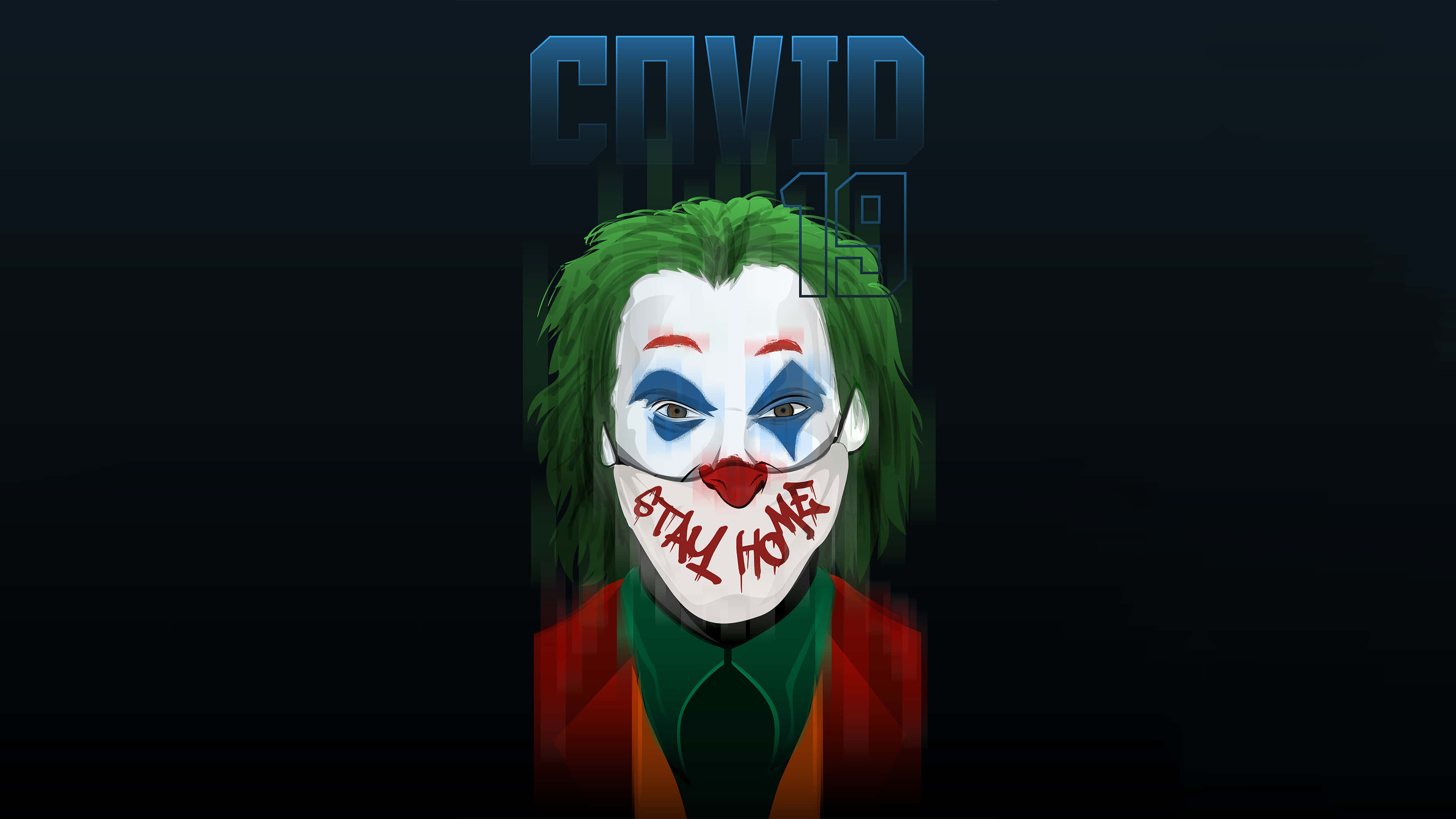 小丑 桌布 壁紙 — 一個風格化的小丑戴著寫有「STAY HOME」的口罩，上方有「COVID 19」文字，背景為深色。