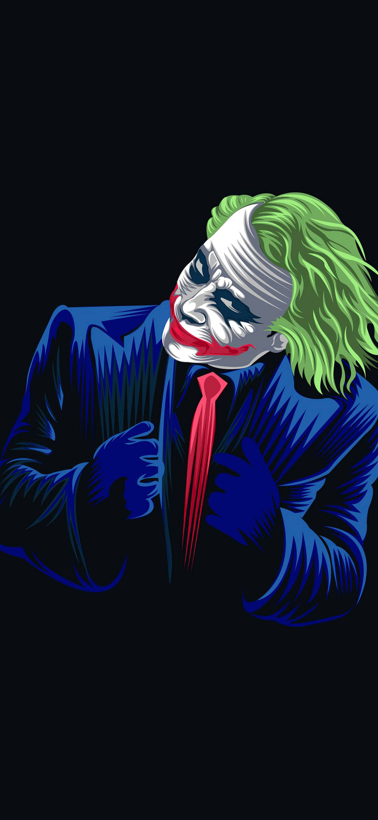小丑 桌布 壁紙 — 一個風格化的小丑插圖，綠色頭髮，咧嘴大笑，黑色背景。