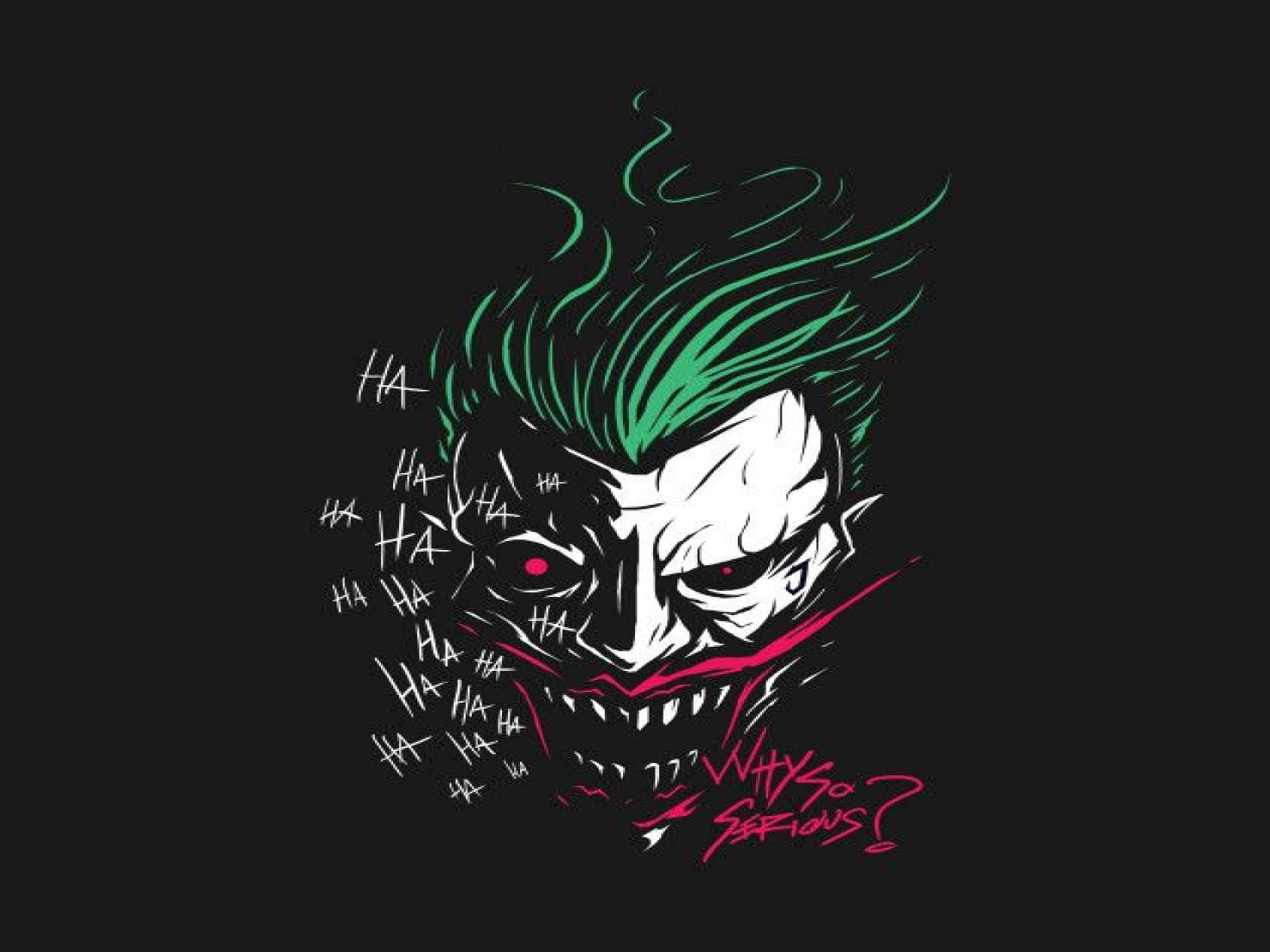 Joker Laughing 桌布 壁紙 — 一個風格化的小丑插圖，綠髮紅眼，咧嘴大笑，周圍環繞著粉紅色的「HA HA」文字和「Why so serious?」，背景為黑色。