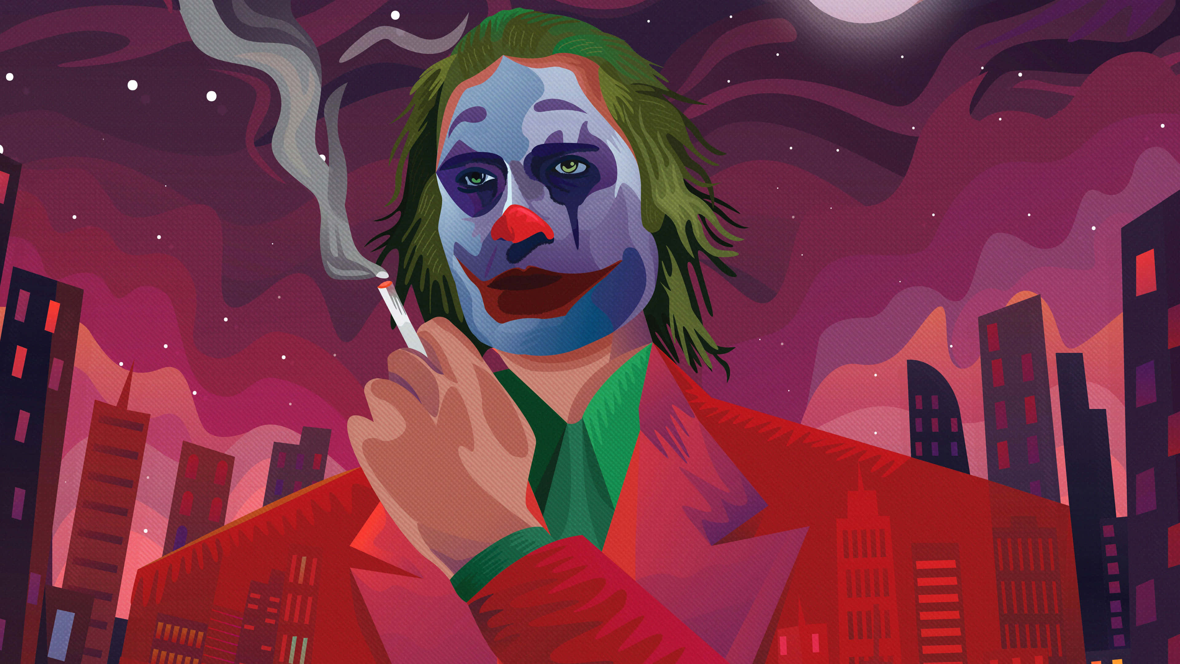 Cool Joker 桌布 壁紙 — 一個風格化的小丑穿著紅色西裝，在星空夜空下的超現實紫色城市景觀中抽煙。