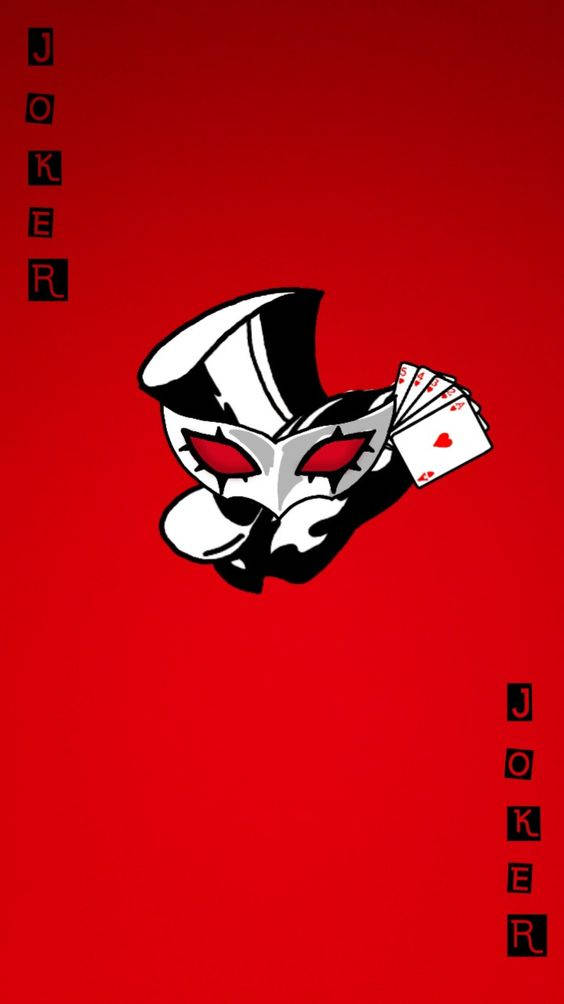 Persona 5 Phone 桌布 壁紙 — 一個風格化的小丑角色，紅眼睛，戴高帽，在純紅色背景上手持撲克牌。