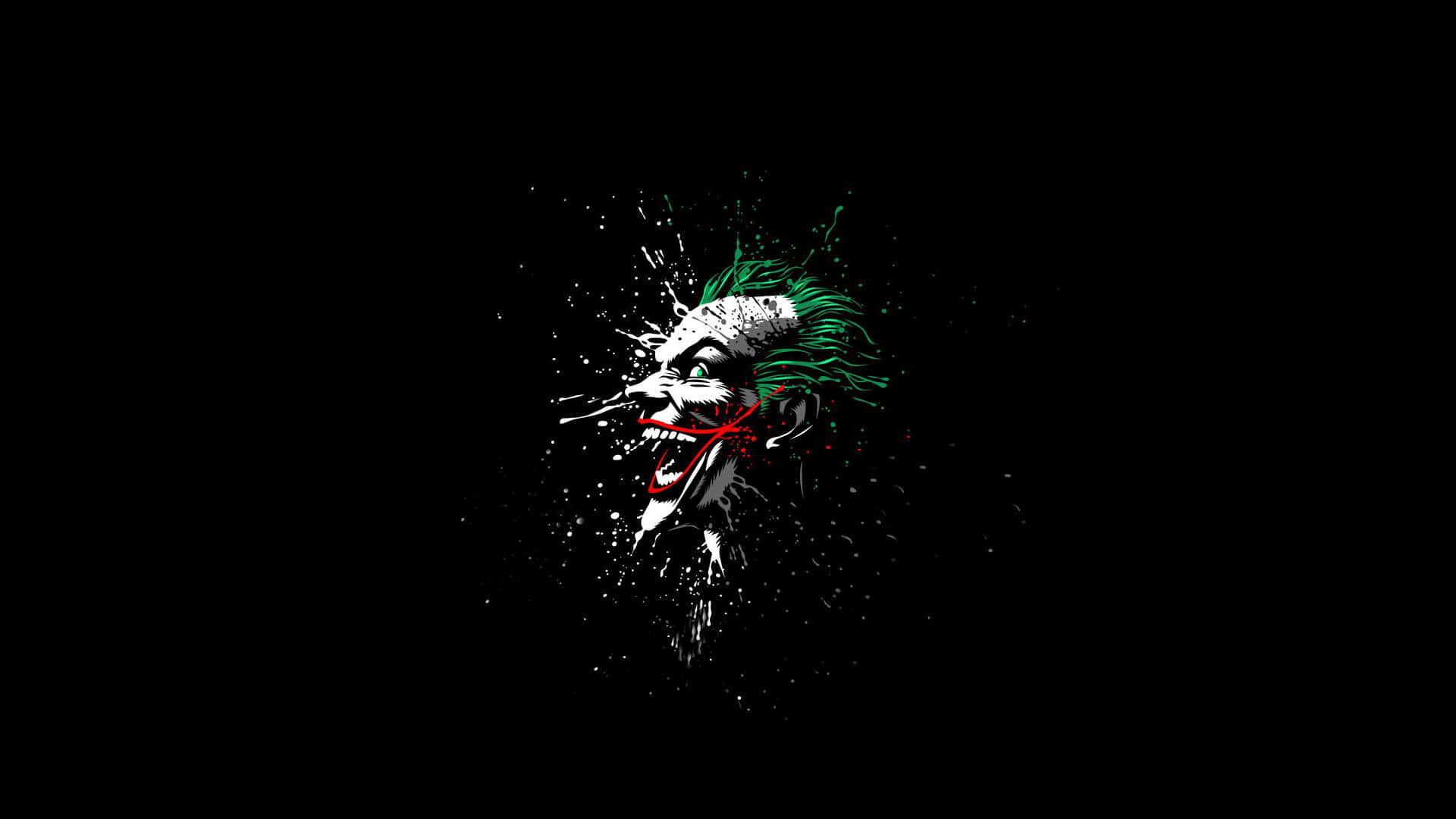 Batman Comics 桌布 壁紙 — 一個風格化的小丑面孔，綠色頭髮和紅色嘴唇，從黑色背景中迸發出來，帶有油漆飛濺。