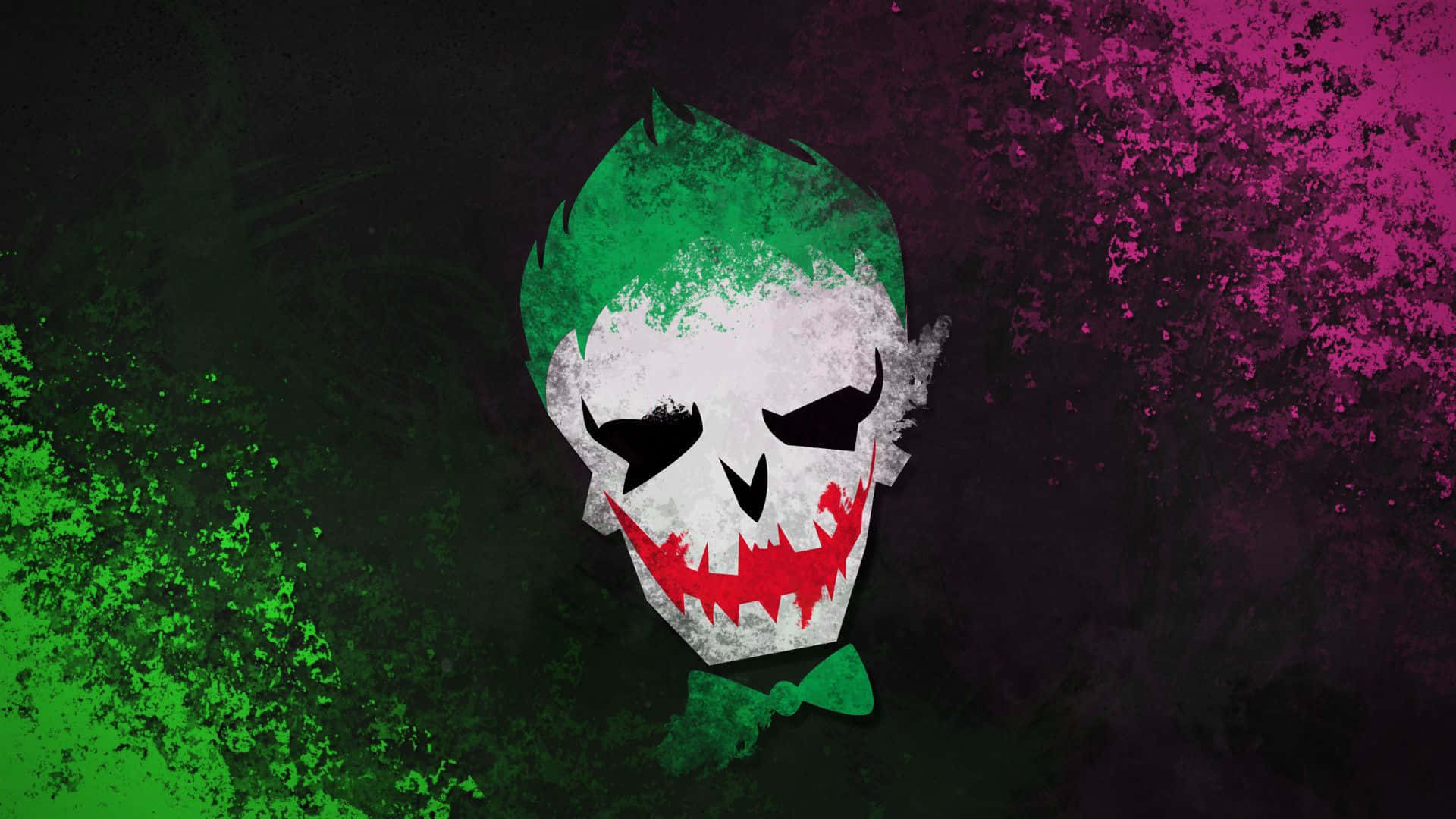 Joker Art 桌布 壁紙 — 一個風格化的小丑頭骨，帶有綠色頭髮和紅色咧嘴笑，背景是粗糙的綠色和洋紅色。