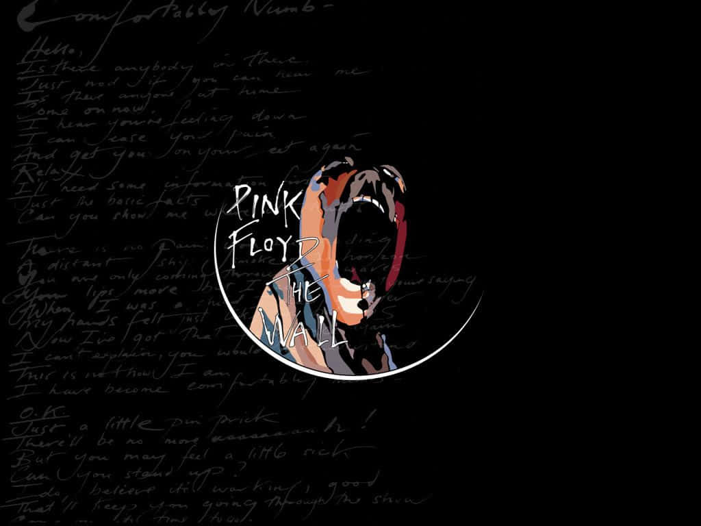 Album Cover 桌布 壁紙 — 一個風格化的尖叫面孔在圓形框架內，背景為黑色，上面佈滿了Pink Floyd《The Wall》的手寫歌詞。