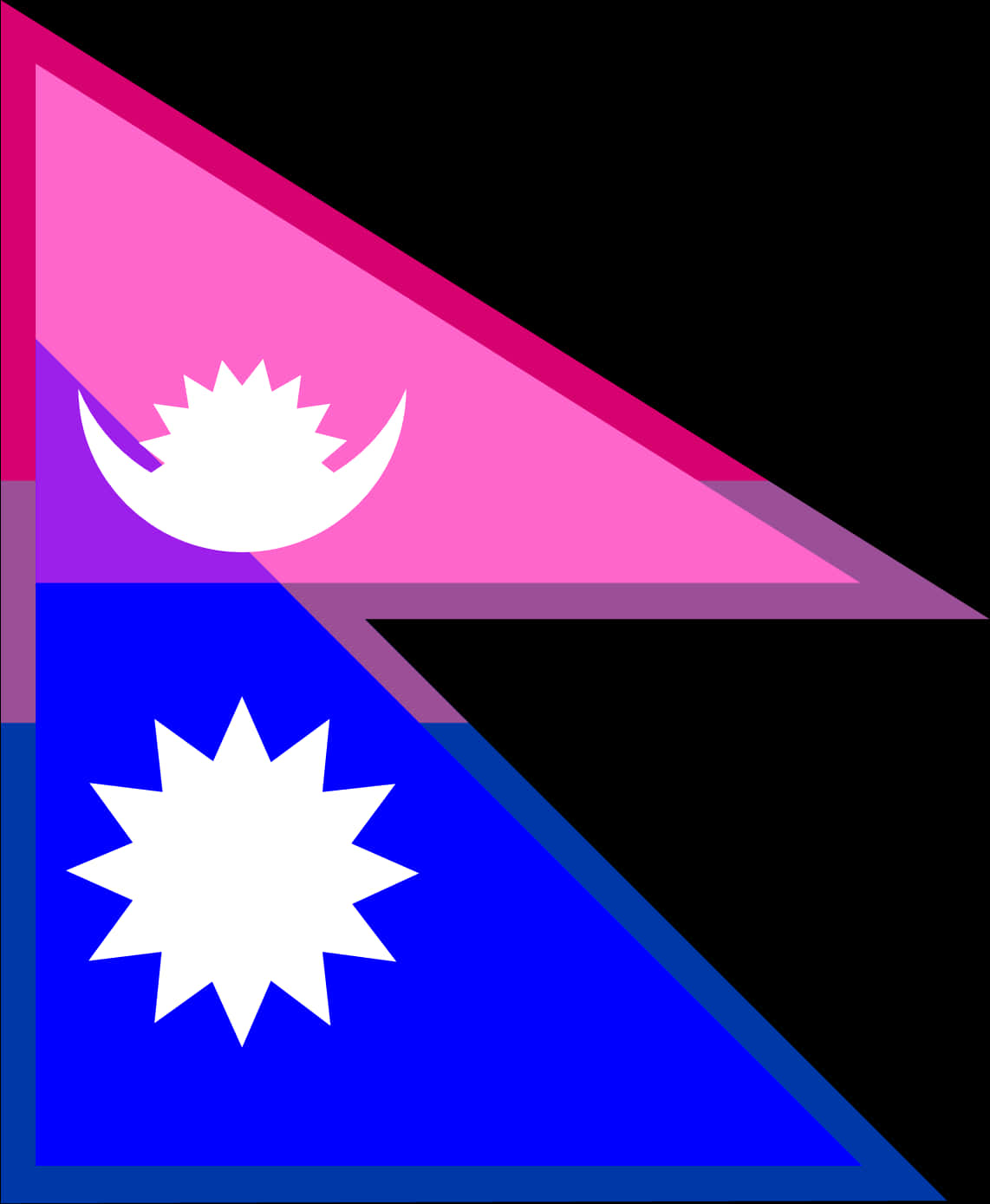 Bisexual 桌布 壁紙 — 一個風格化的尼泊爾國旗，帶有粉紅色、紫色和藍色三角形，以及白色新月和太陽符號，背景為黑色。