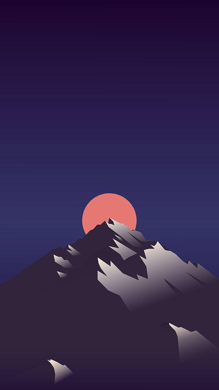 山峰剪影與珊瑚色夕陽，背景為紫色漸層天空 — 簡約 Android 桌布 壁紙
