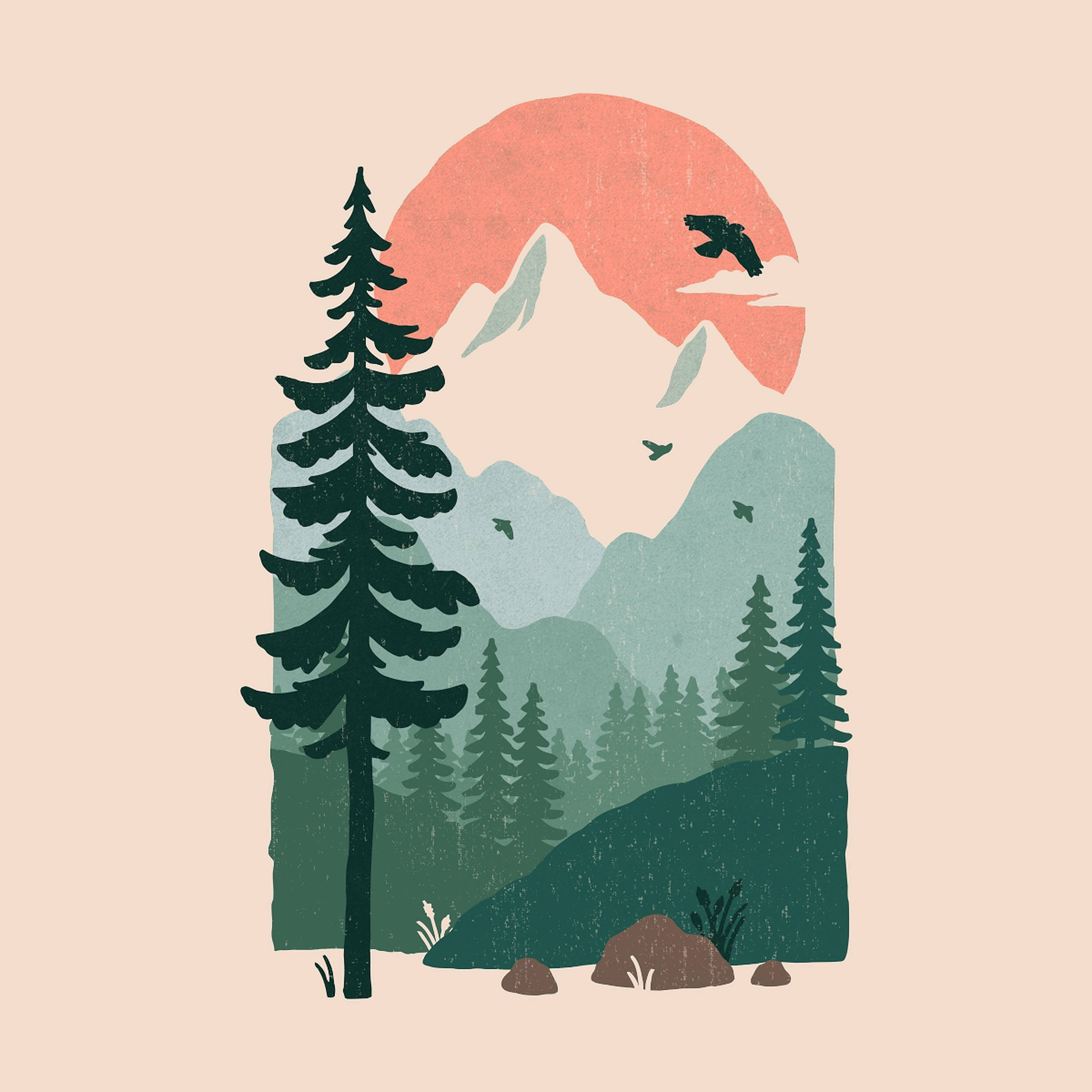 Hiking 桌布 壁紙 — 一個風格化的山景，有常青樹和粉紅色的太陽在山峰後面，鳥兒在飛翔。