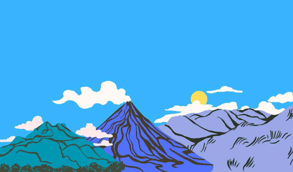 1024x600 桌布 壁紙 — 一個風格化的山脈，中央有一座火山，在明亮的藍天下，有夕陽和蓬鬆的雲朵。