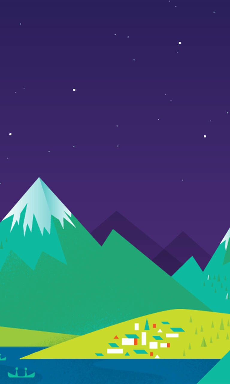 google 桌布 壁紙 — 一個風格化的山脈，在繁星點點的紫色夜空下，有一個小村莊依偎在湖邊。