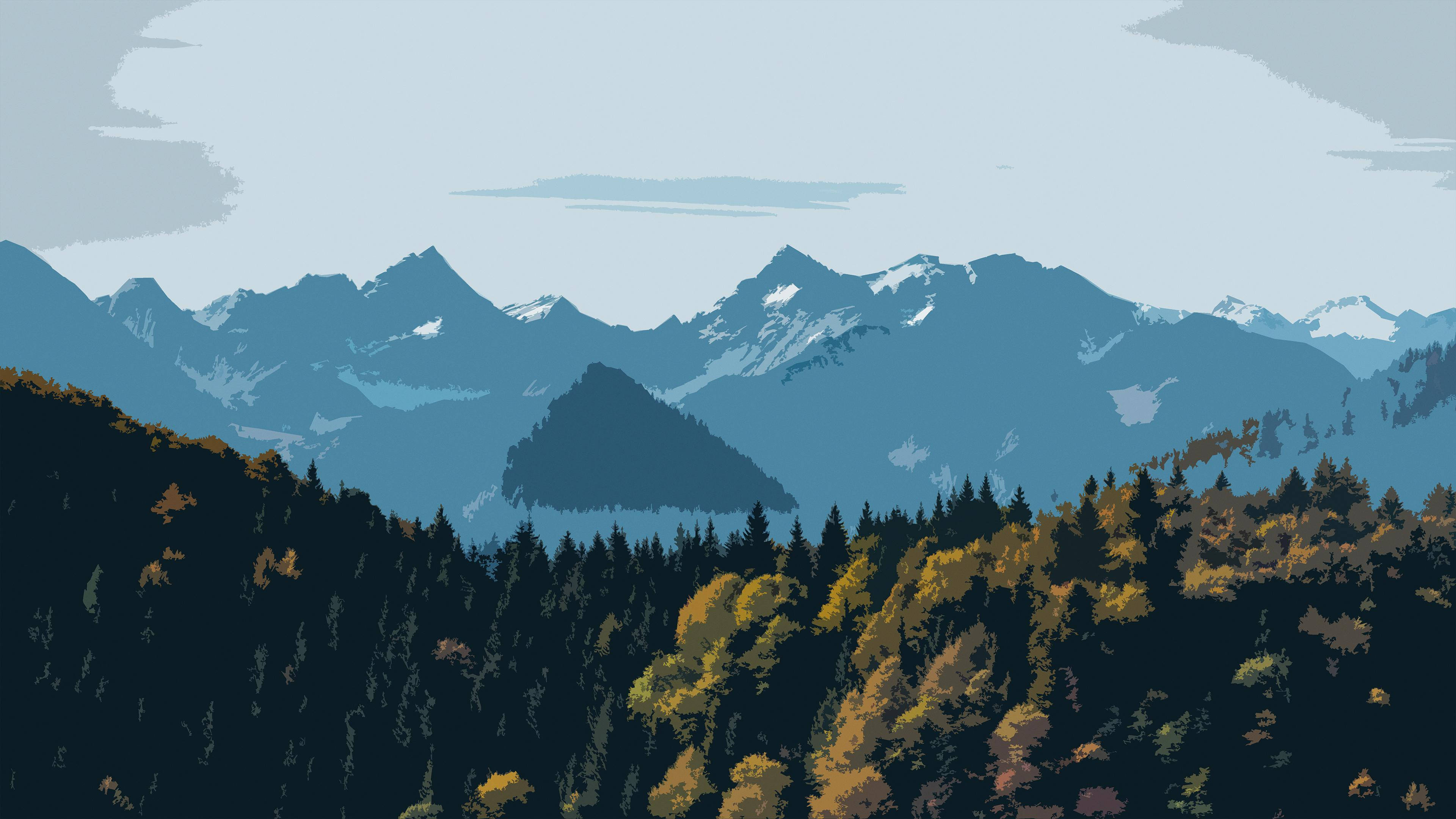 vector 桌布 壁紙 — 一個風格化的山脈，山頂積雪，在蒼白的天空下，聳立在常綠樹和秋色樹木的森林後面。