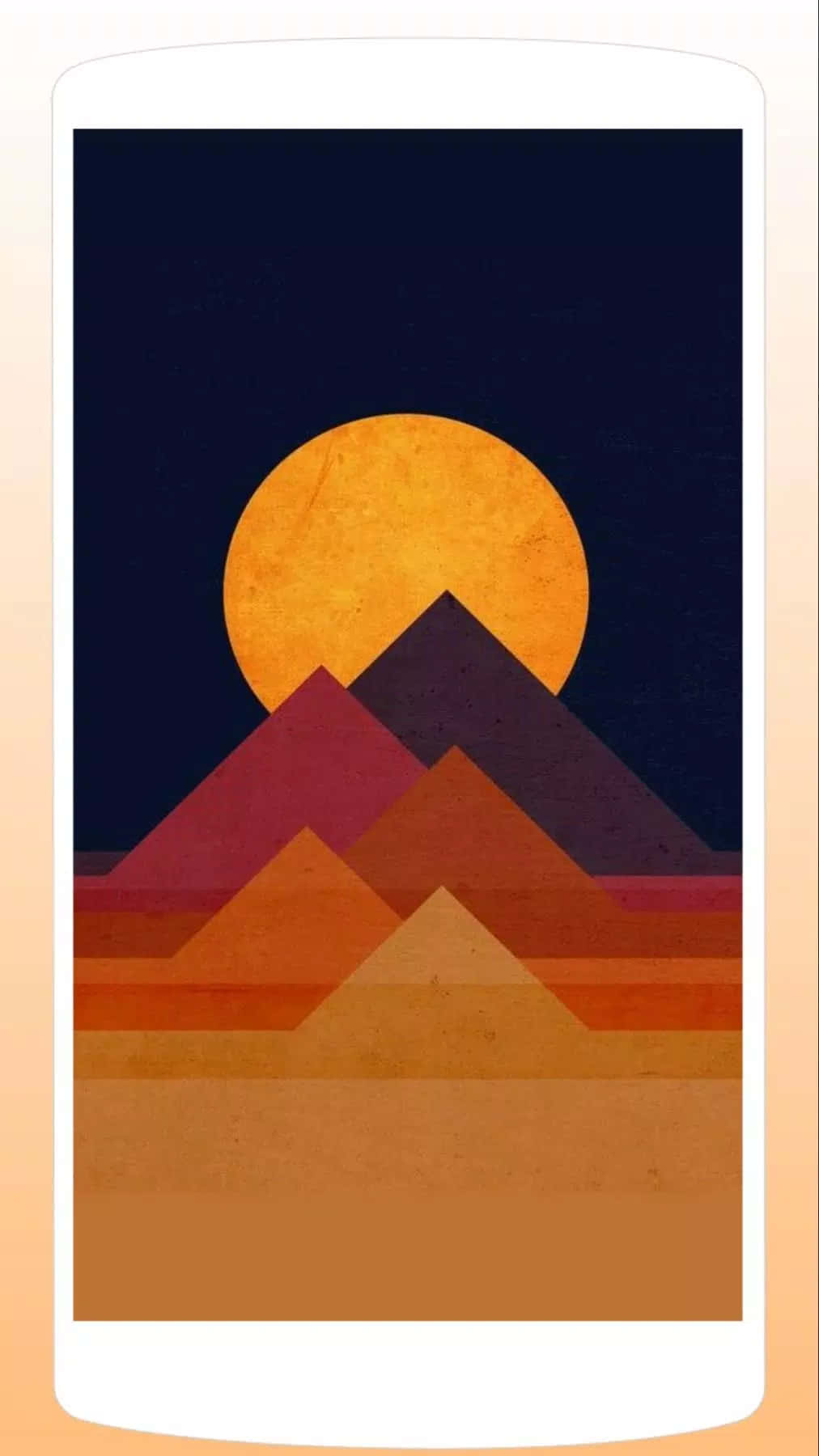 Moon Aesthetic 桌布 壁紙 — 一個風格化的山脈，帶有分層的幾何山峰，在深藍色天空下襯托著一個大型紋理橙色太陽。