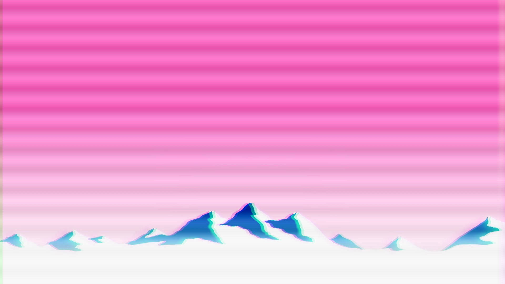 桌布 壁紙 — 一個風格化的山脈，帶有尖銳的藍色山峰，背景是充滿活力的粉紅色漸變天空，帶有水平掃描線。