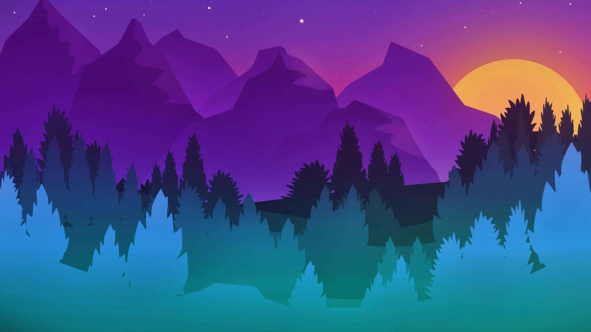 Minimalist Forest 桌布 壁紙 — 一個風格化的山脈在日落時分，帶有紫色山峰和青綠色森林剪影，背景是星空。