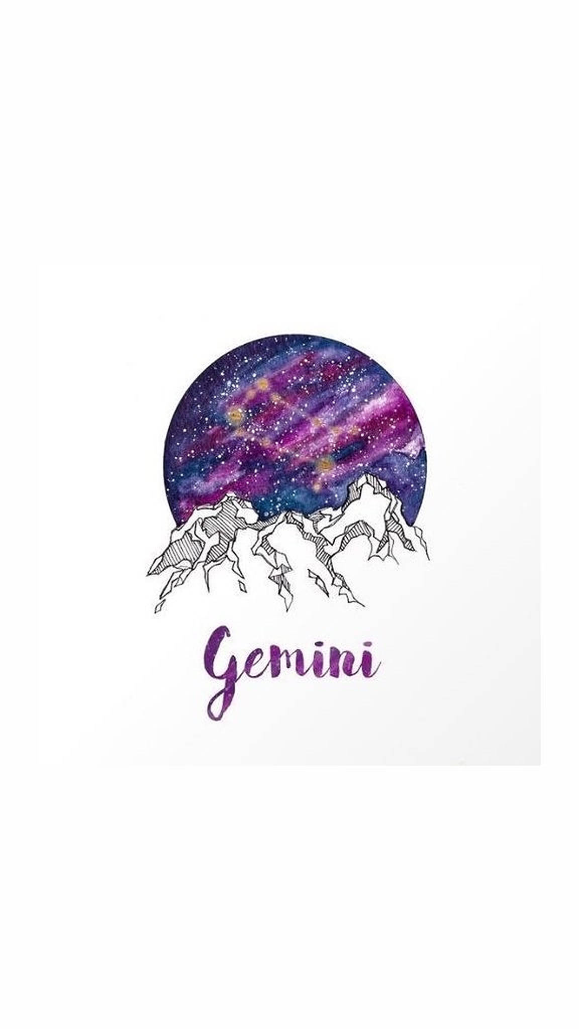gemini 桌布 壁紙 — 一個風格化的山脈輪廓框住了一個充滿星星的紫色和藍色宇宙天空，下方有「Gemini」這個詞。