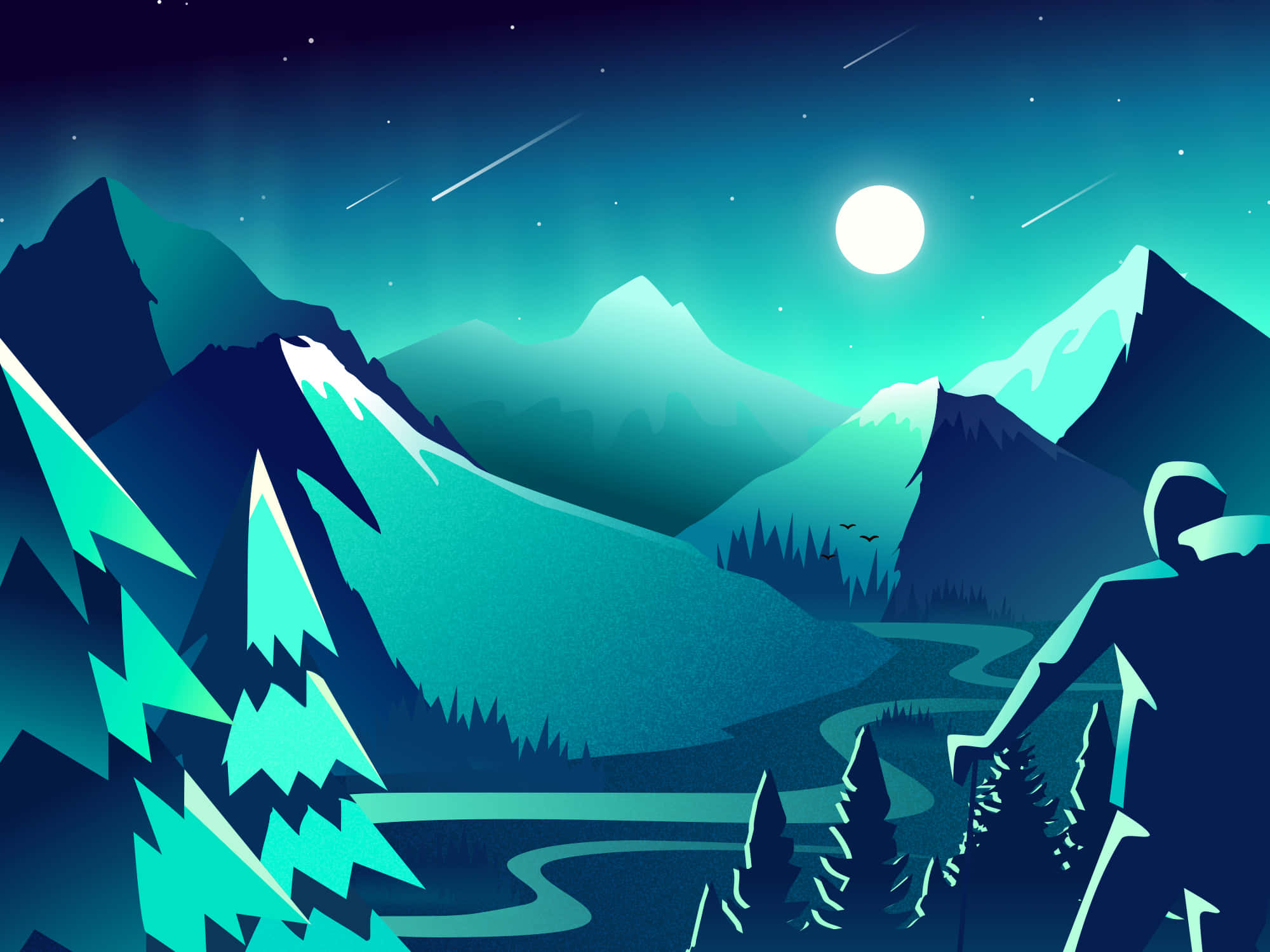 Mountain Scenery 桌布 壁紙 — 一個風格化的山谷，在發光的月亮下，有流星和蜿蜒的河流穿過松樹林。