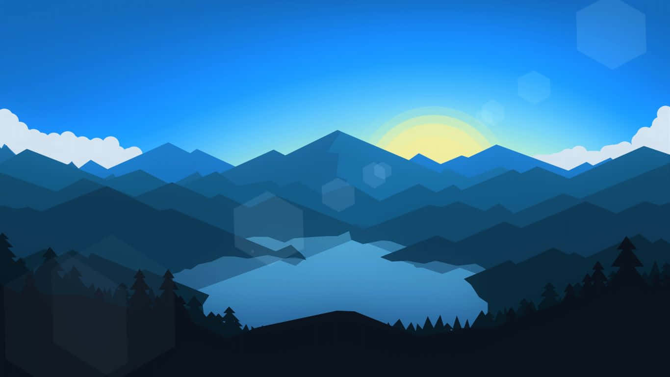 1366x768 Minimalist 桌布 壁紙 — 一個風格化的山間湖泊，在夕陽下呈現分層的藍色山峰和六角形散景效果，下方是發光的太陽。