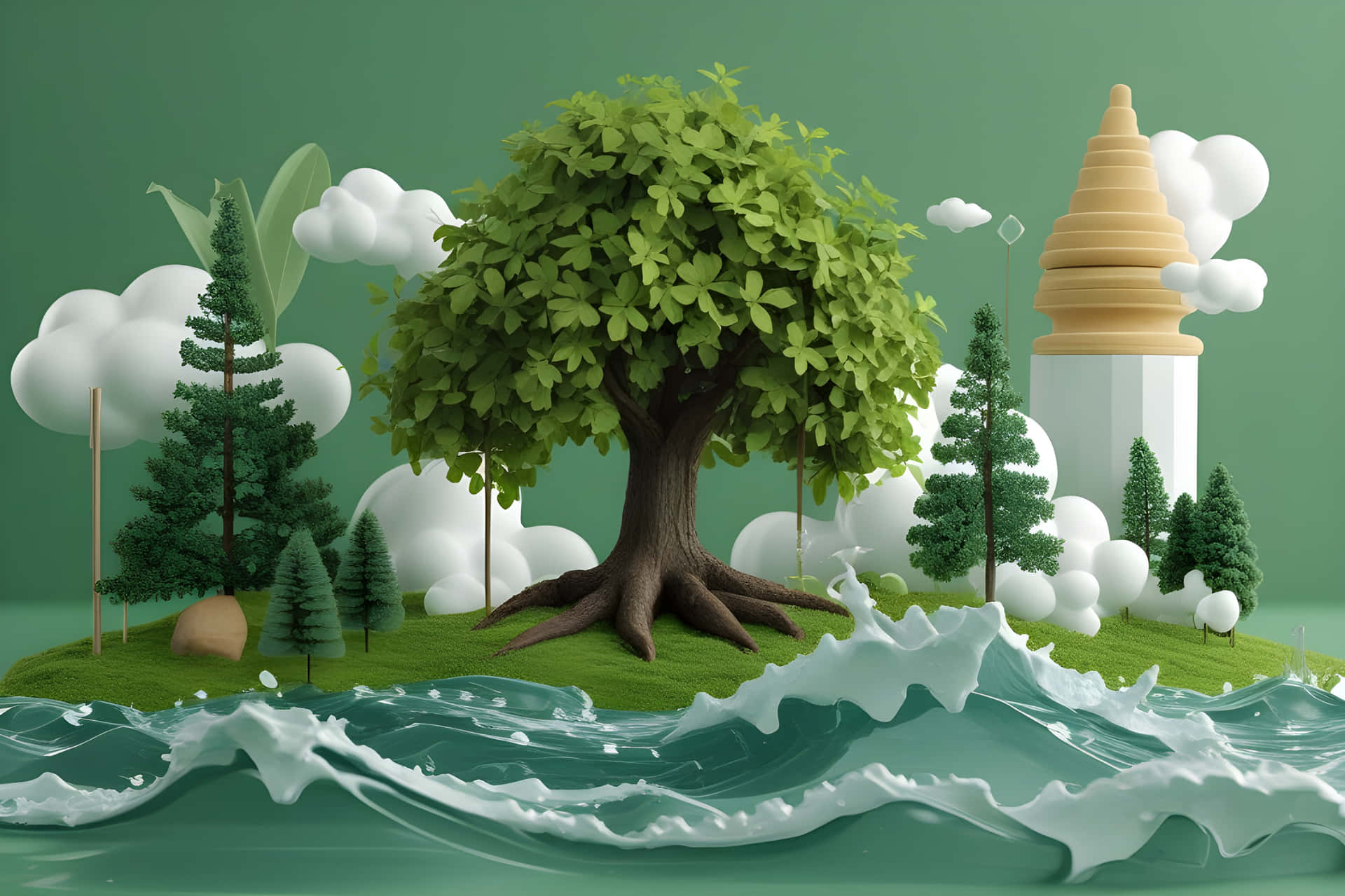 Beautiful art of trees 壁紙 — 一個風格化的島嶼，上面有大型松樹和寶塔，從藍綠色波浪中升起，背景為綠色。