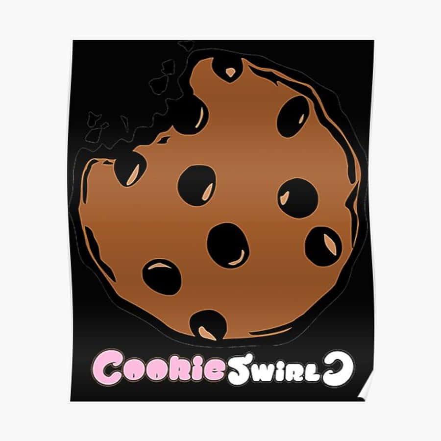Cookie Swirl C 桌布 壁紙 — 一個風格化的巧克力餅乾，帶有咬痕和粉紅色白色文字 Cookie Swirl，背景為黑色。