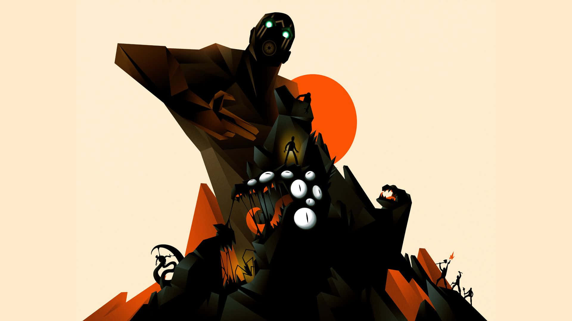 Borderlands 桌布 壁紙 — 一個風格化的巨型機器人，發光的眼睛在橙色太陽下俯瞰著山區景觀。