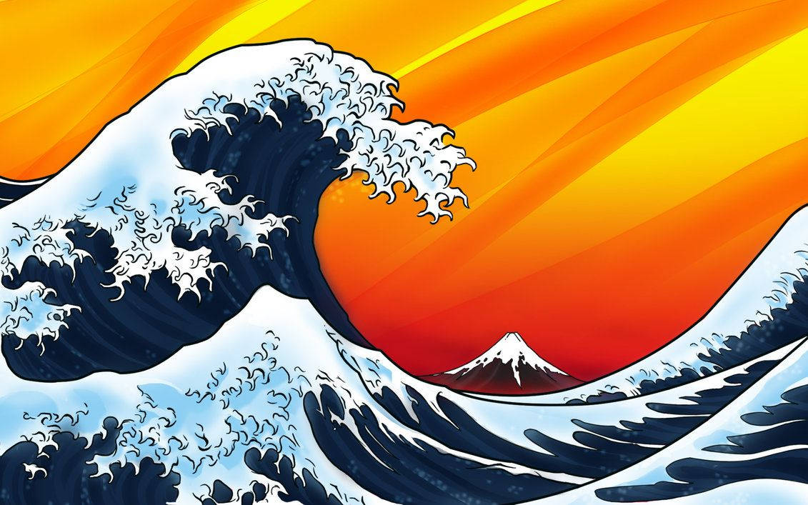 日式海浪 桌布 壁紙 — 一個風格化的巨浪衝向充滿活力的橙色日落，遠處有富士山。