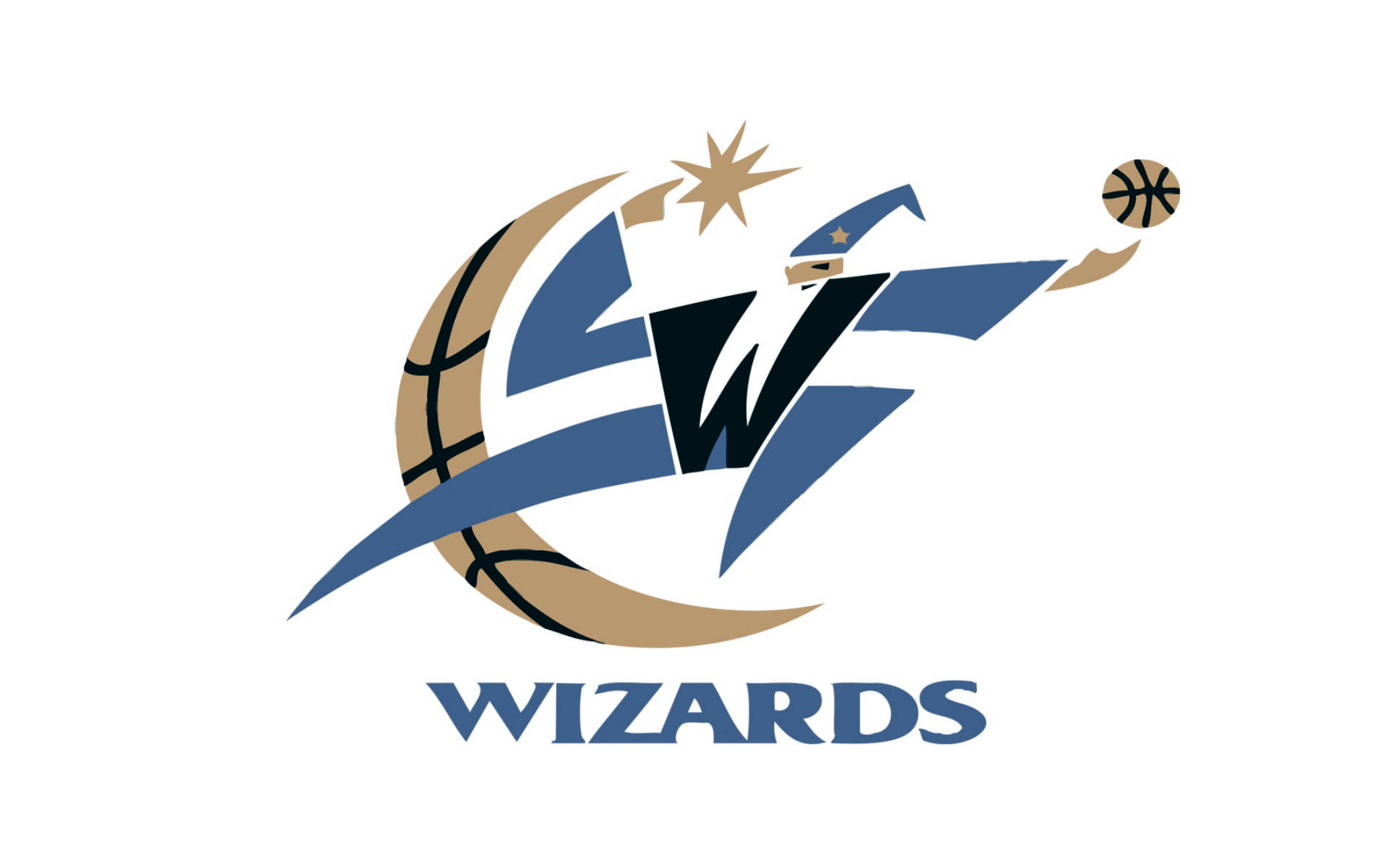 Wizards 桌布 壁紙 — 一個風格化的巫師標誌，帶有籃球和星星，採用大膽的藍色和金色。